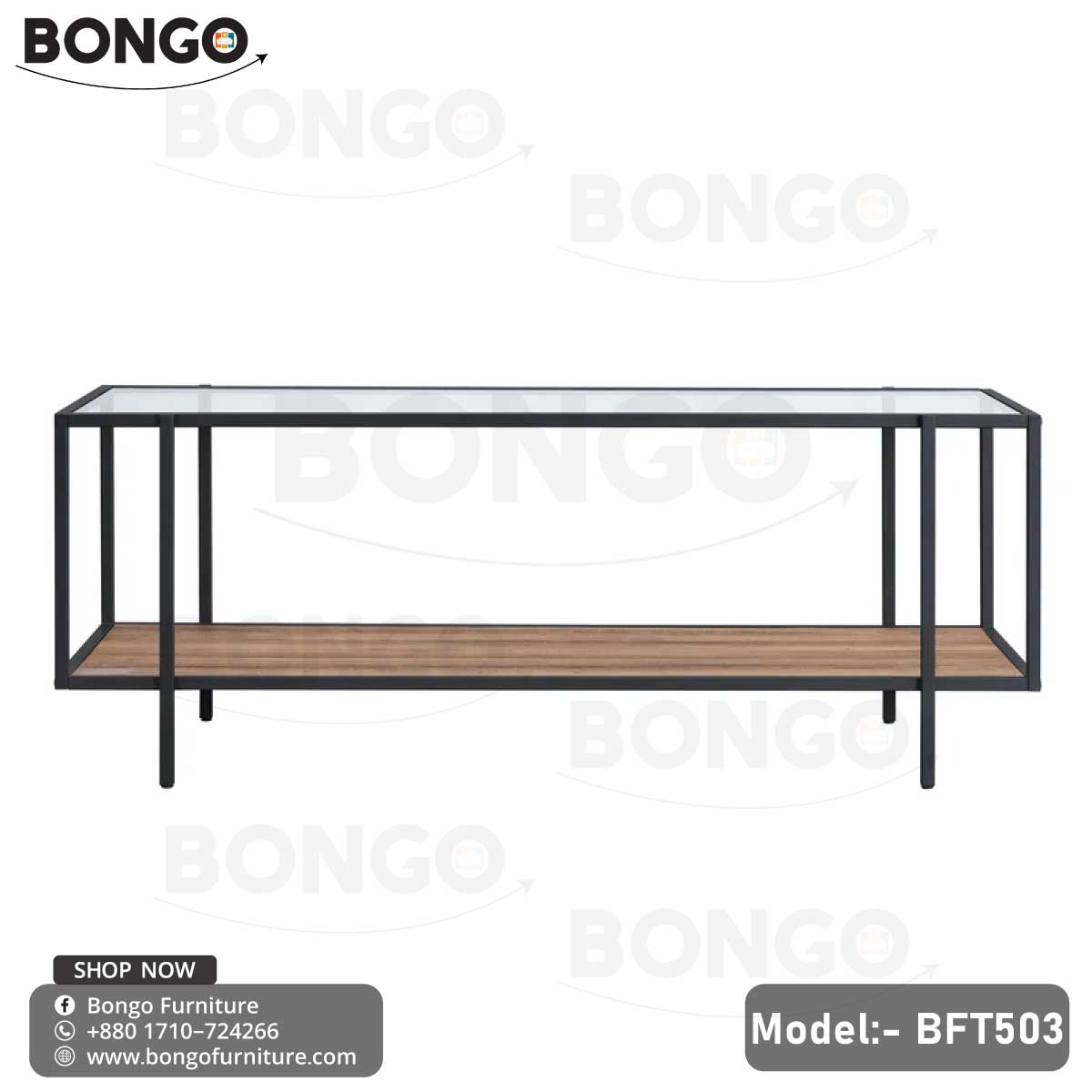 A modern coffee table with a clear glass top, black steel frame, and a wooden shelf underneath. The table is placed in a living room setting with a sofa and cushions in the background.