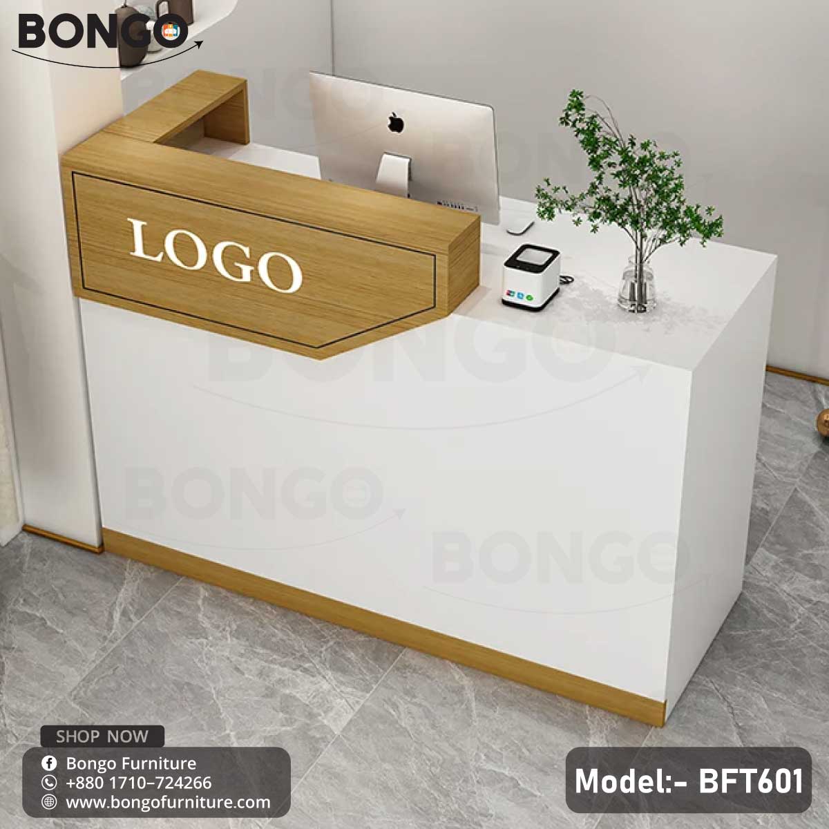 A modern reception desk featuring a laminated board top with 'LOGO' branding, an attached cabinet with a drawer, and a keyboard tray, set against a background of an office environment.