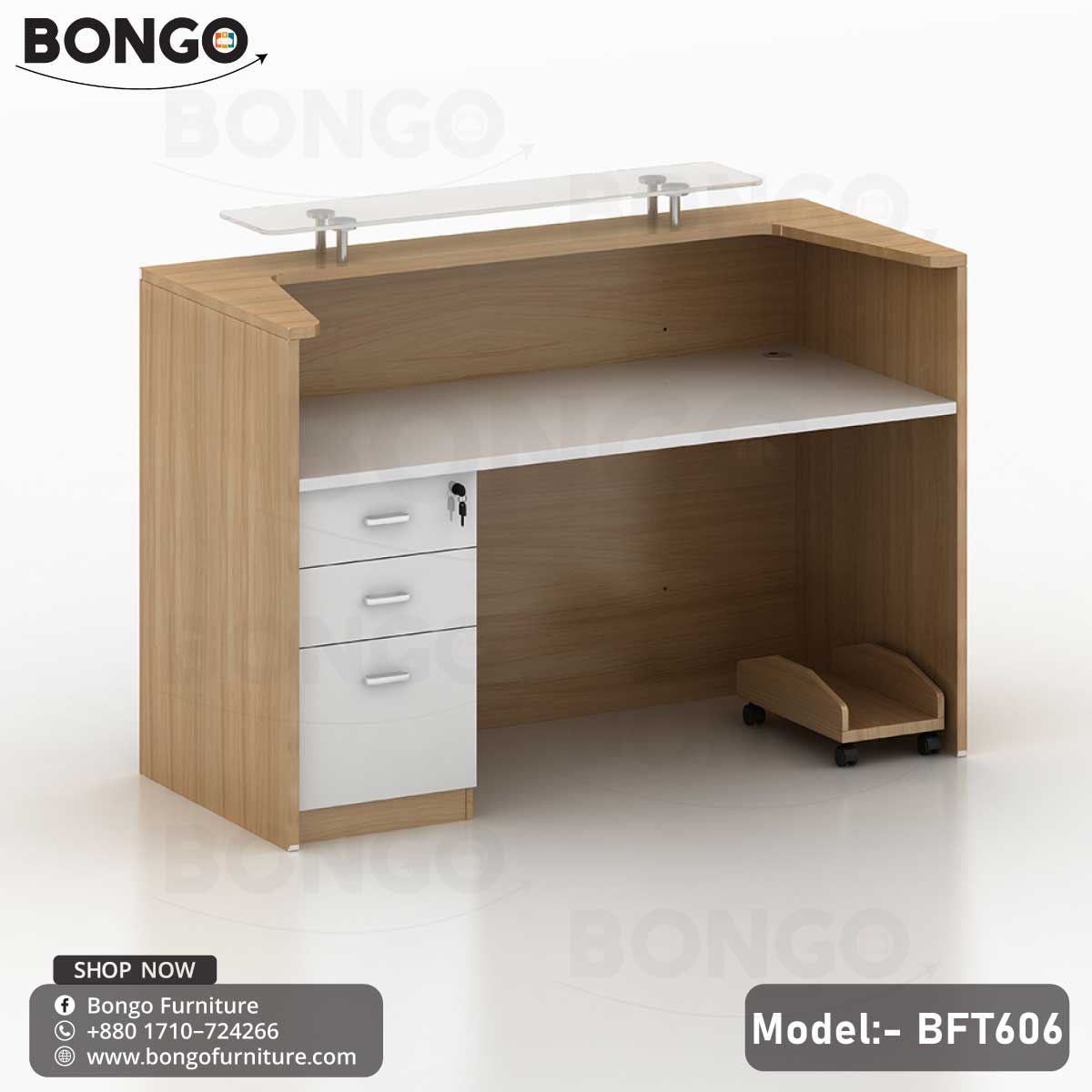 A modern reception desk from BONGO with a light wood-grain frame. The front of the desk features a large, white inset panel, and a raised glass shelf serves as the transaction counter. The desk is shown in a modern lobby setting.