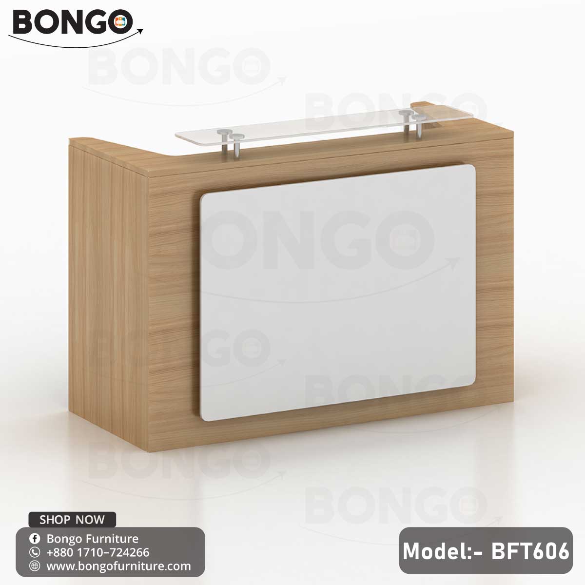A modern reception desk from BONGO with a light wood-grain frame. The front of the desk features a large, white inset panel, and a raised glass shelf serves as the transaction counter. The desk is shown in a modern lobby setting.