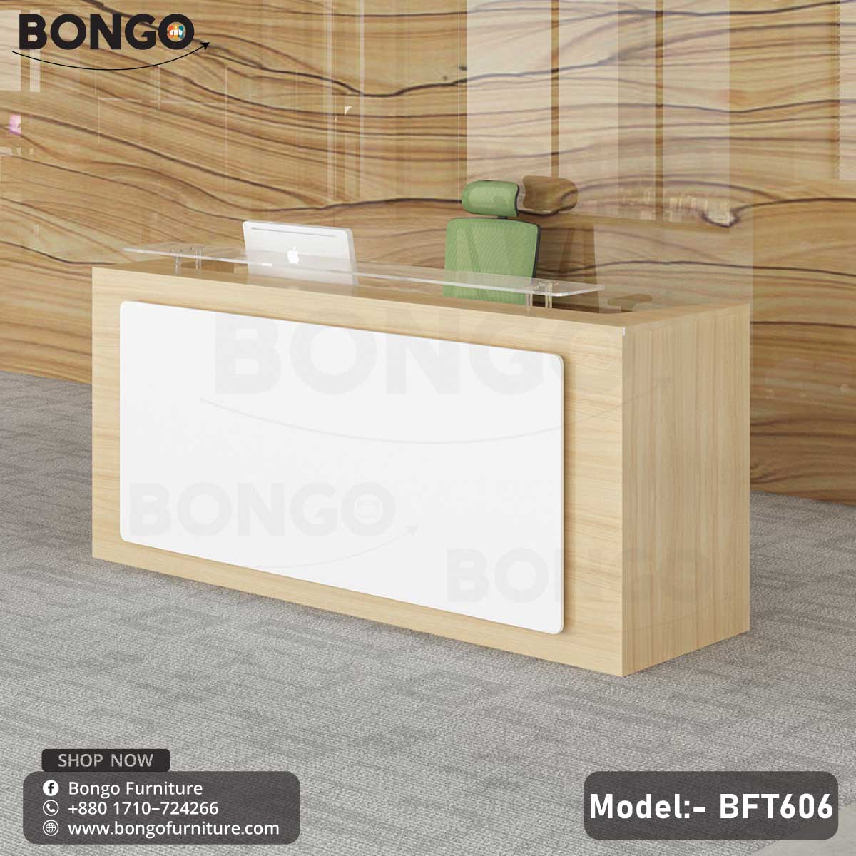 A modern reception desk from BONGO with a light wood-grain frame. The front of the desk features a large, white inset panel, and a raised glass shelf serves as the transaction counter. The desk is shown in a modern lobby setting.