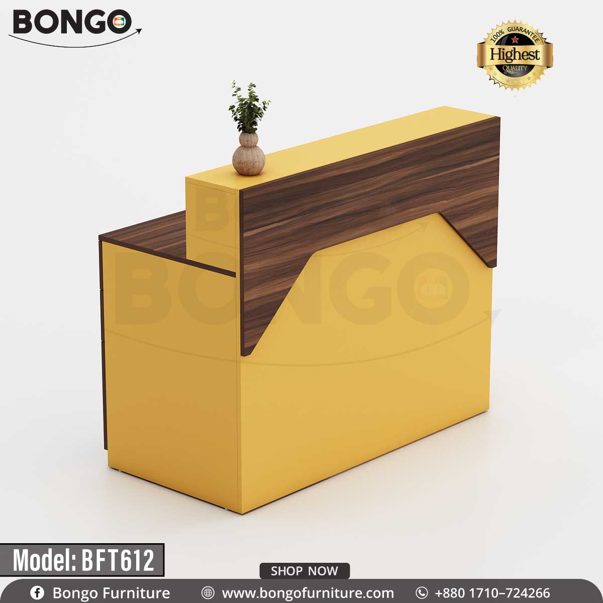 A guest reception desk with a laminated board top in beige color and a wood-like finish on the top, accompanied by a lower shelf in gray. The desk has a drawer unit and a locking mechanism, intended for office furniture.