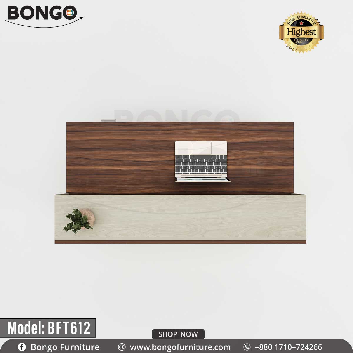 A guest reception desk with a laminated board top in beige color and a wood-like finish on the top, accompanied by a lower shelf in gray. The desk has a drawer unit and a locking mechanism, intended for office furniture.