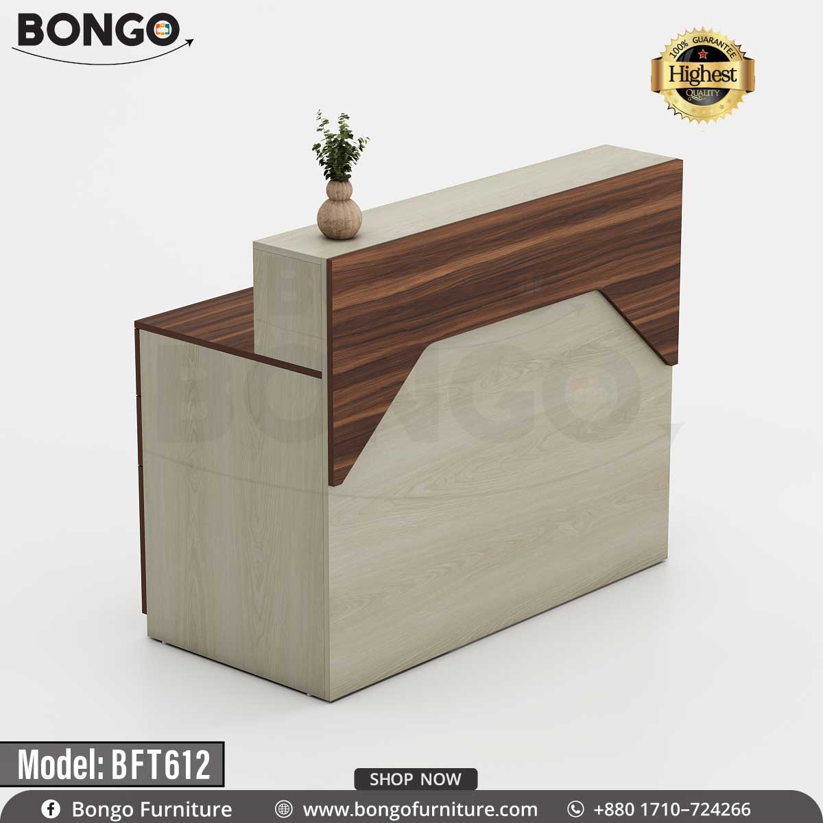 A guest reception desk with a laminated board top in beige color and a wood-like finish on the top, accompanied by a lower shelf in gray. The desk has a drawer unit and a locking mechanism, intended for office furniture.