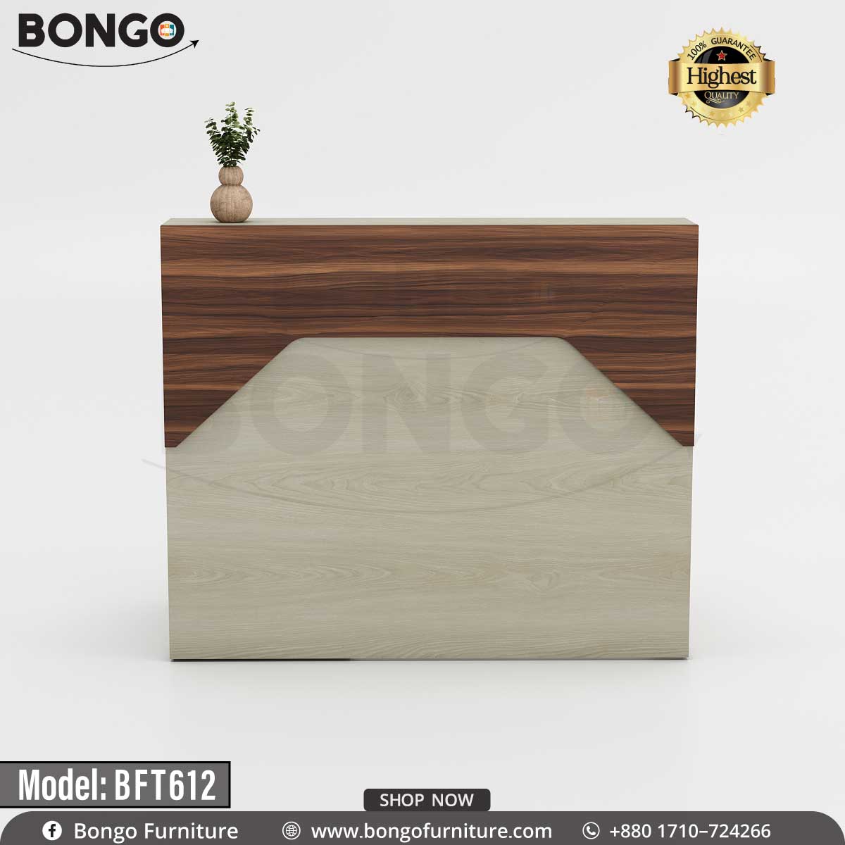 A guest reception desk with a laminated board top in beige color and a wood-like finish on the top, accompanied by a lower shelf in gray. The desk has a drawer unit and a locking mechanism, intended for office furniture.