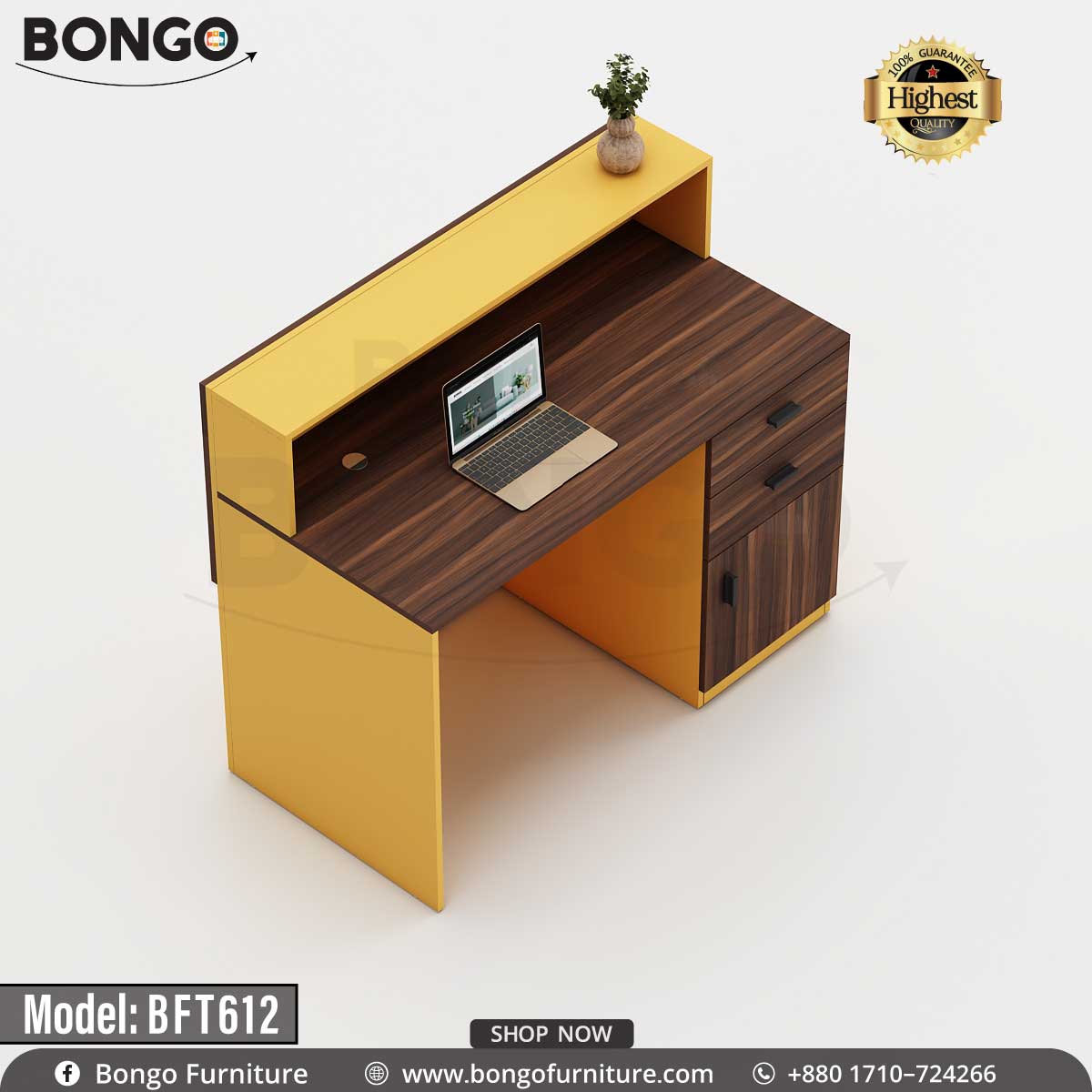 A guest reception desk with a laminated board top in beige color and a wood-like finish on the top, accompanied by a lower shelf in gray. The desk has a drawer unit and a locking mechanism, intended for office furniture.