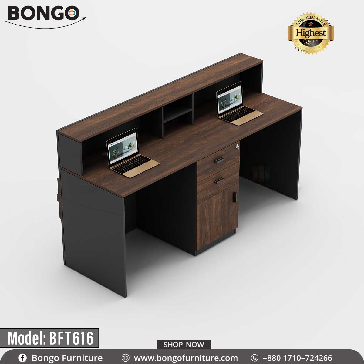 A model BFT616 Concierge Reception Desk by Bongo Furniture, featuring a laminated board with a wooden finish, multiple cable holes, and a brand logo on the front.