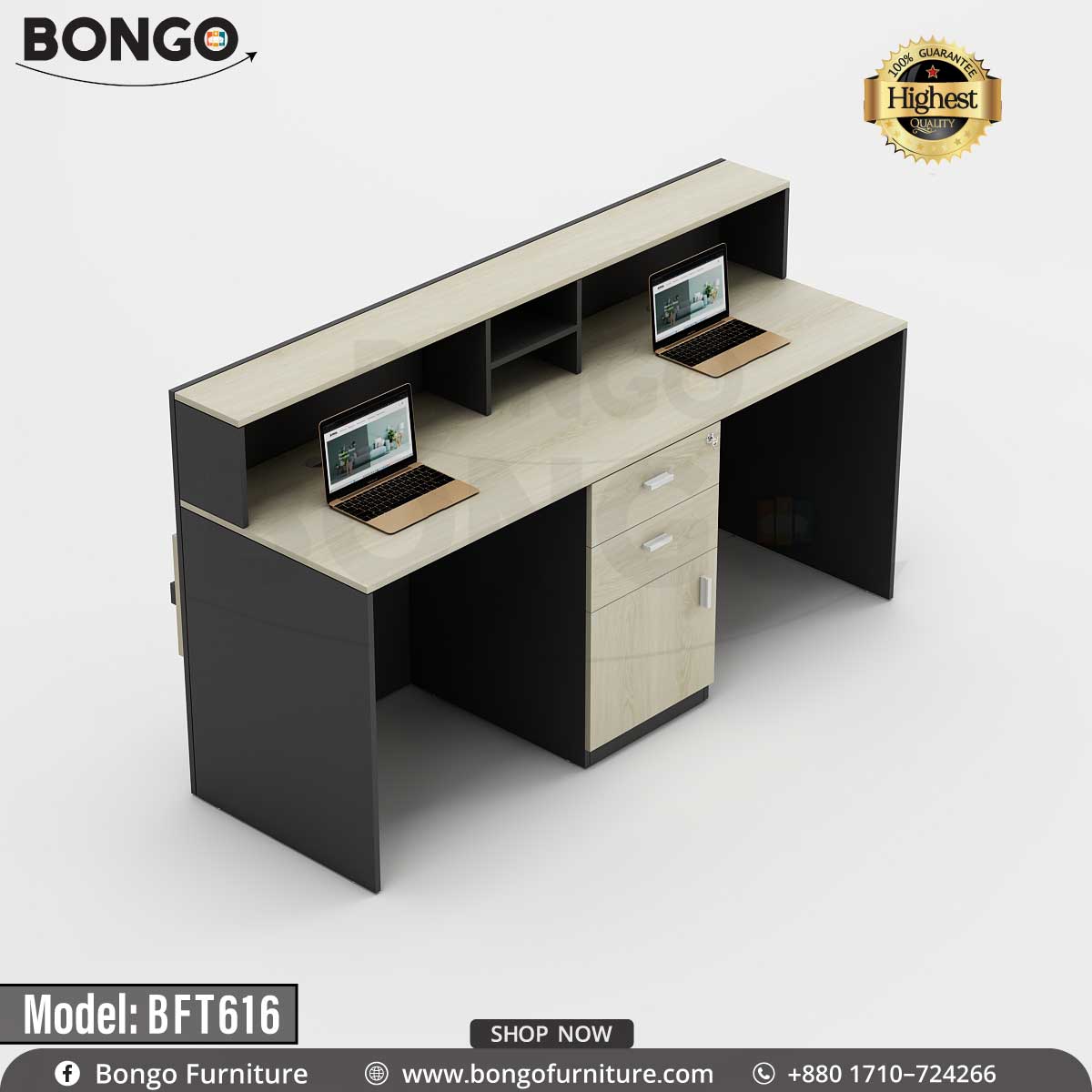 A model BFT616 Concierge Reception Desk by Bongo Furniture, featuring a laminated board with a White and antic finish, multiple cable holes, and a brand logo on the front.