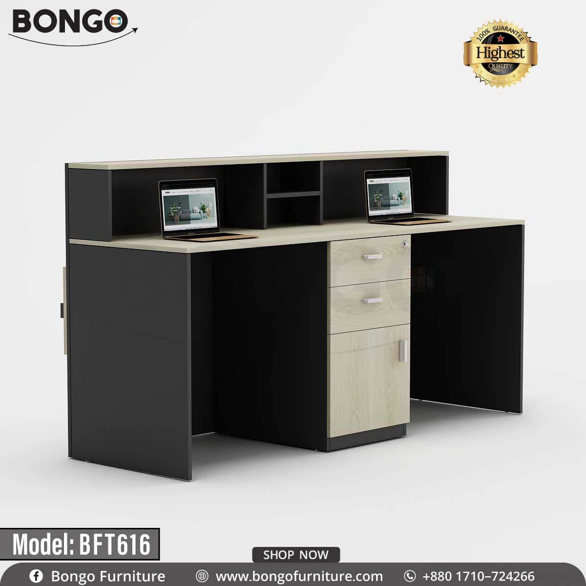 A model BFT616 Concierge Reception Desk by Bongo Furniture, featuring a laminated board with a White and antic finish, multiple cable holes, and a brand logo on the front.