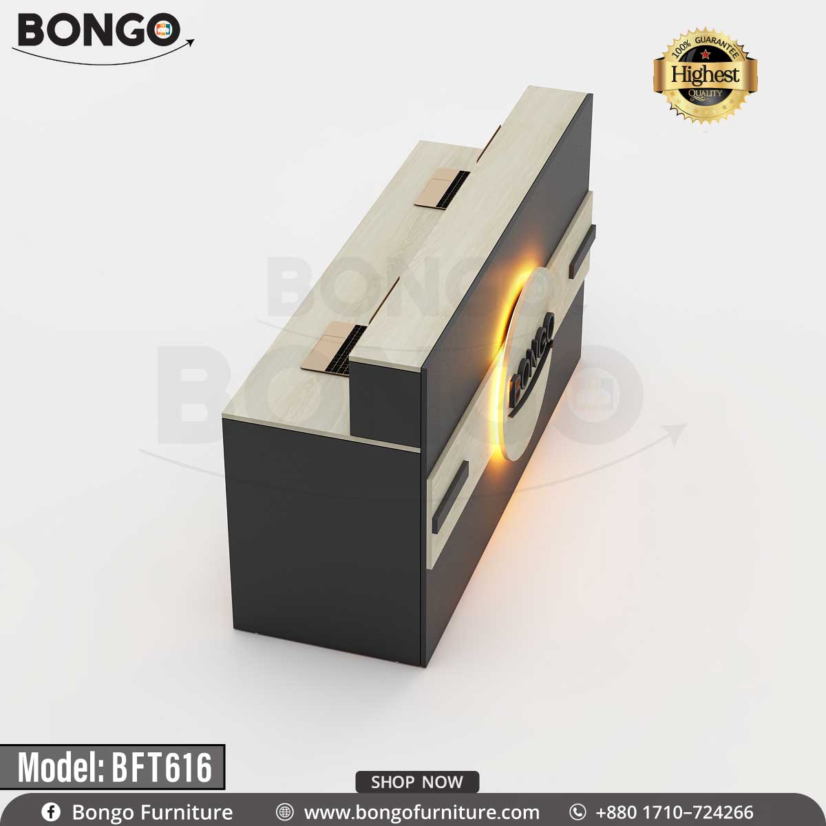 A model BFT616 Concierge Reception Desk by Bongo Furniture, featuring a laminated board with a White and antic finish, multiple cable holes, and a brand logo on the front.