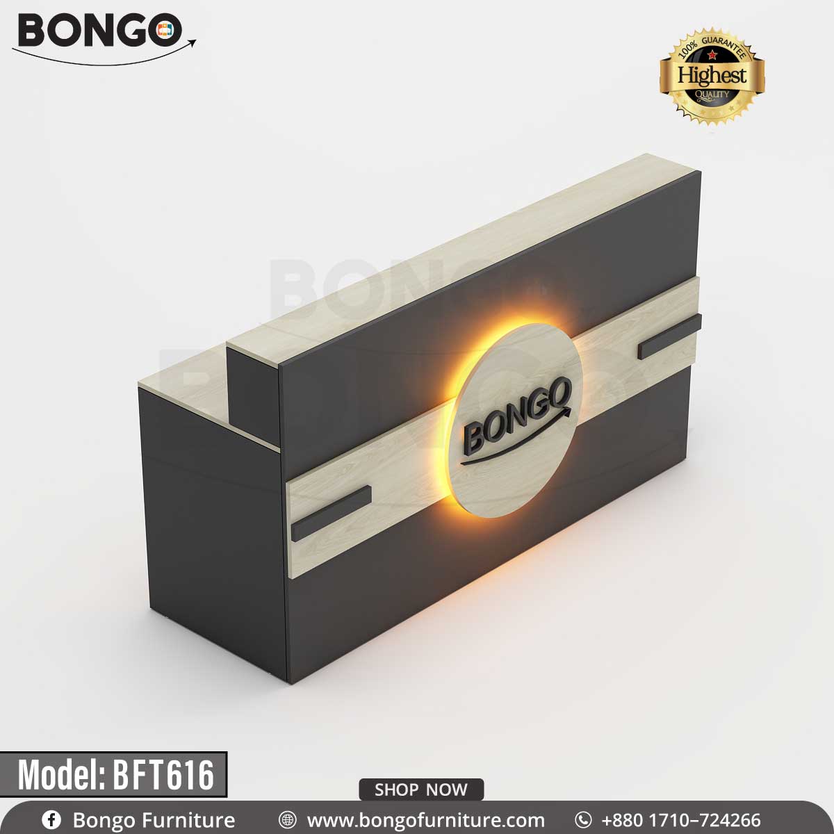 A model BFT616 Concierge Reception Desk by Bongo Furniture, featuring a laminated board with a White and antic finish, multiple cable holes, and a brand logo on the front.