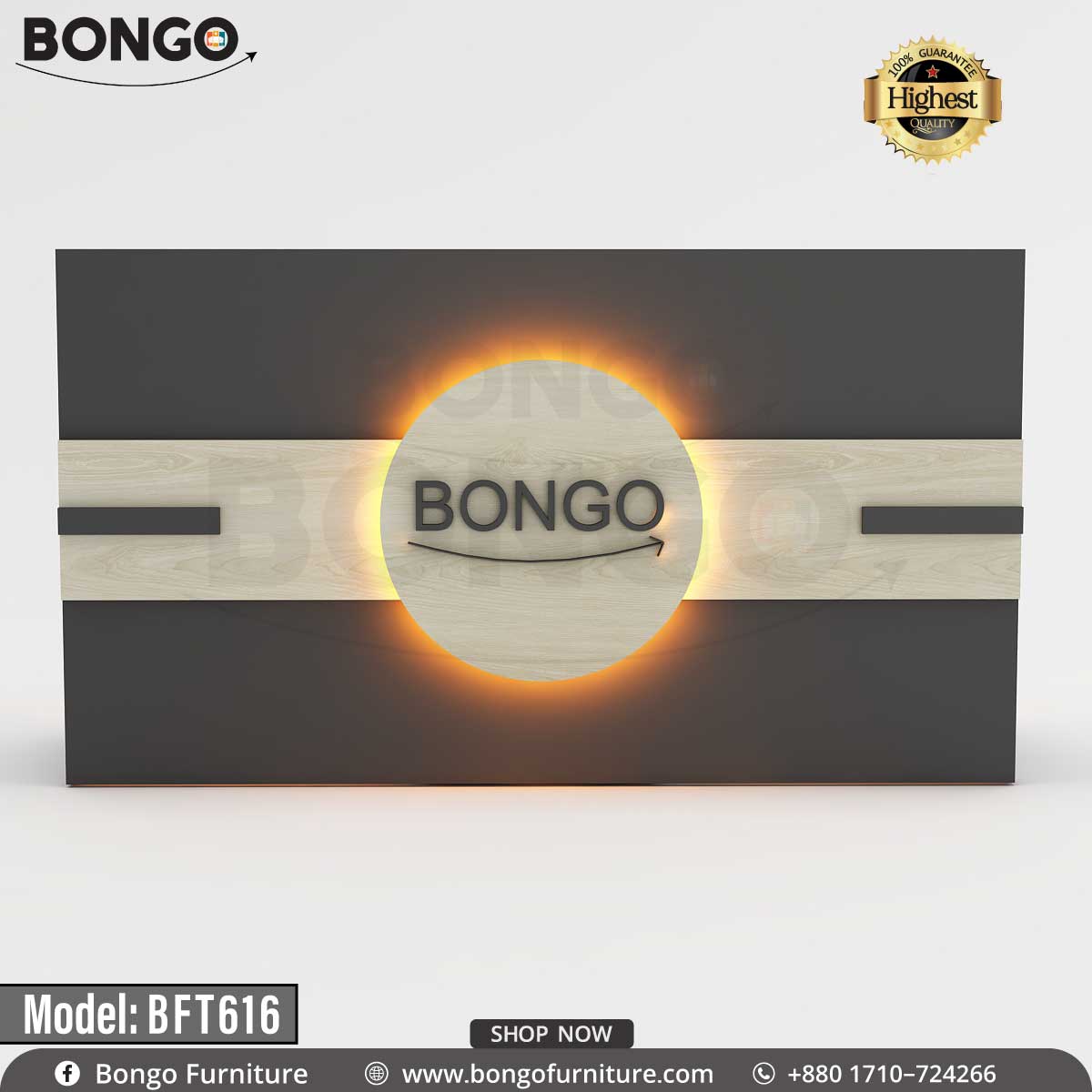 A model BFT616 Concierge Reception Desk by Bongo Furniture, featuring a laminated board with a White and antic finish, multiple cable holes, and a brand logo on the front.