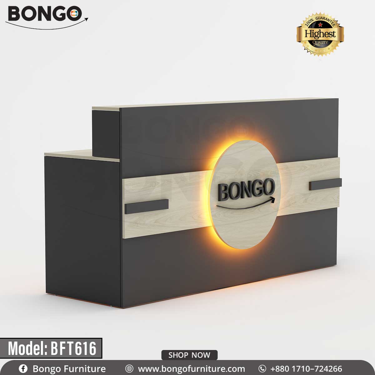 A model BFT616 Concierge Reception Desk by Bongo Furniture, featuring a laminated board with a White and antic finish, multiple cable holes, and a brand logo on the front.