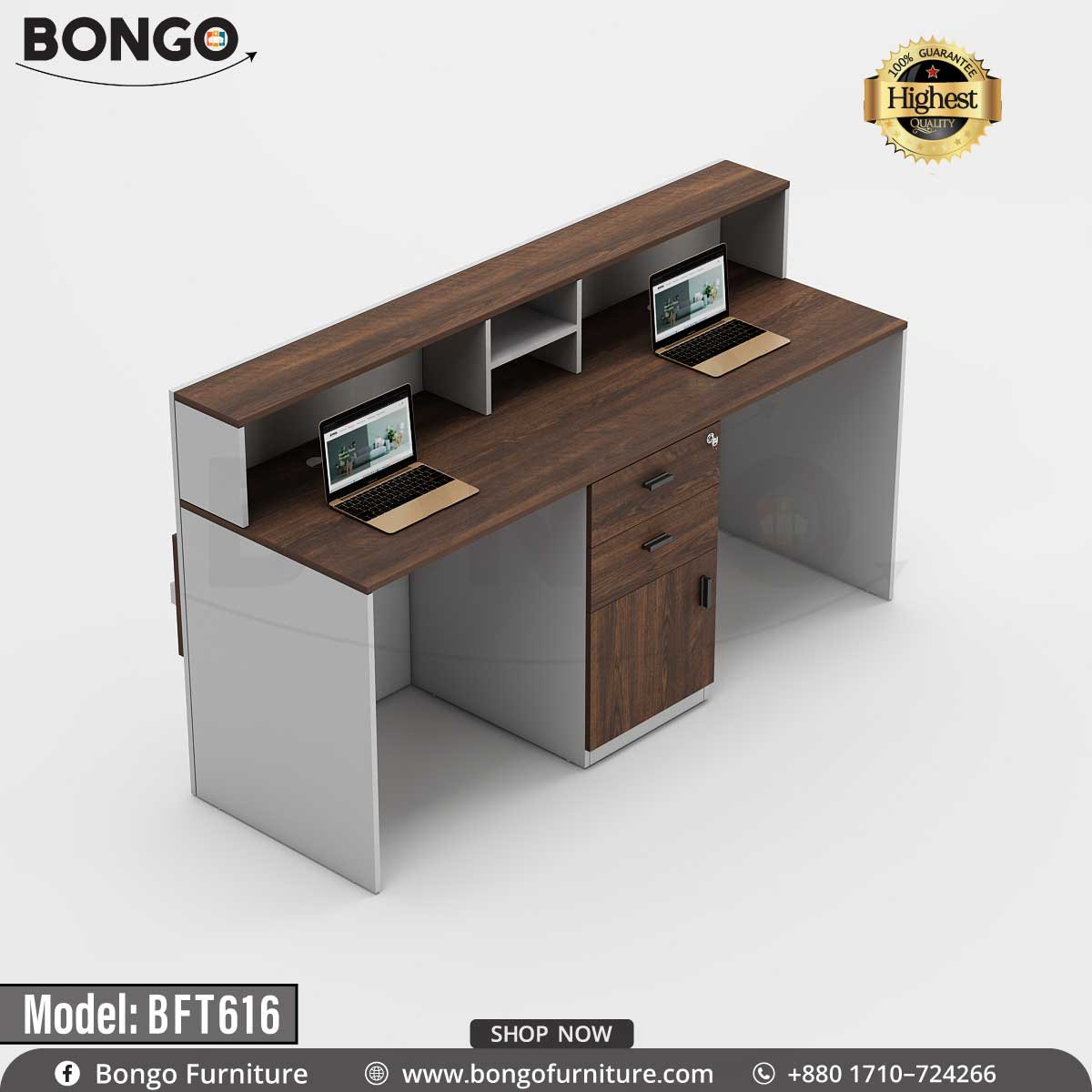 A model BFT616 Concierge Reception Desk by Bongo Furniture, featuring a laminated board with a White and antic finish, multiple cable holes, and a brand logo on the front.
