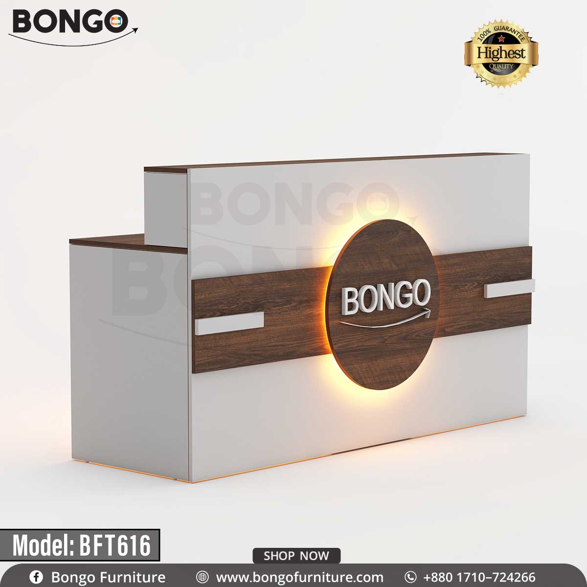 A model BFT616 Concierge Reception Desk by Bongo Furniture, featuring a laminated board with a White and antic finish, multiple cable holes, and a brand logo on the front.