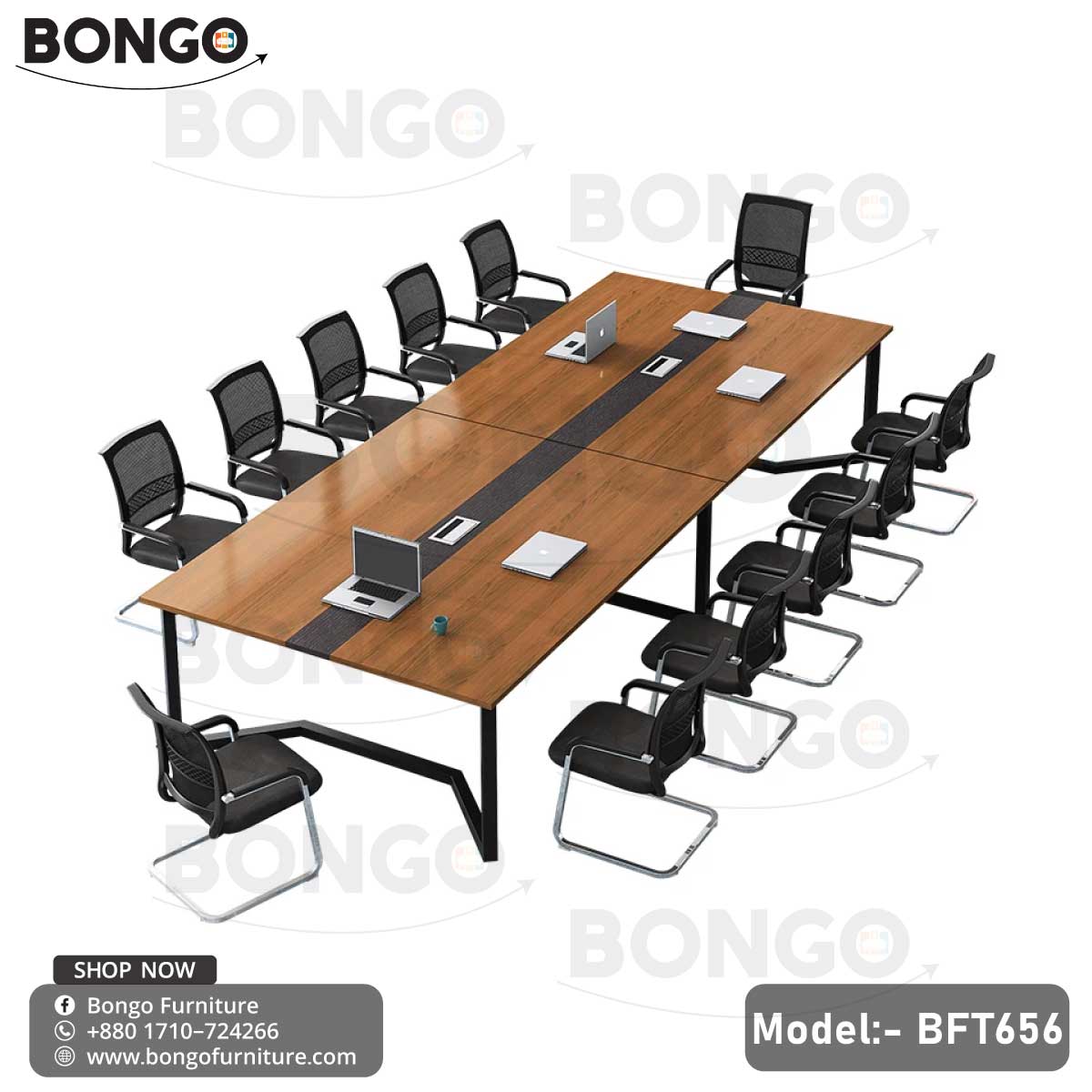 A large, 14-seater modern conference table set from BONGO, viewed from a high angle. The rectangular table has a medium wood-grain top, a black trestle base, and a central cable management system. It is surrounded by fourteen matching conference chairs featuring black mesh backs and chrome cantilever frames. The set is staged with laptops for a meeting.