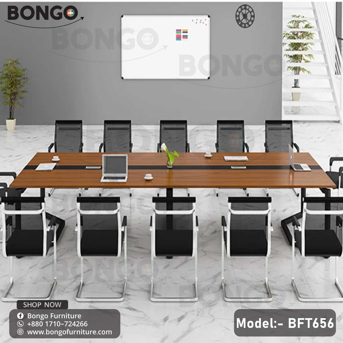 A large, 14-seater modern conference table set from BONGO, viewed from a high angle. The rectangular table has a medium wood-grain top, a black trestle base, and a central cable management system. It is surrounded by fourteen matching conference chairs featuring black mesh backs and chrome cantilever frames. The set is staged with laptops for a meeting.