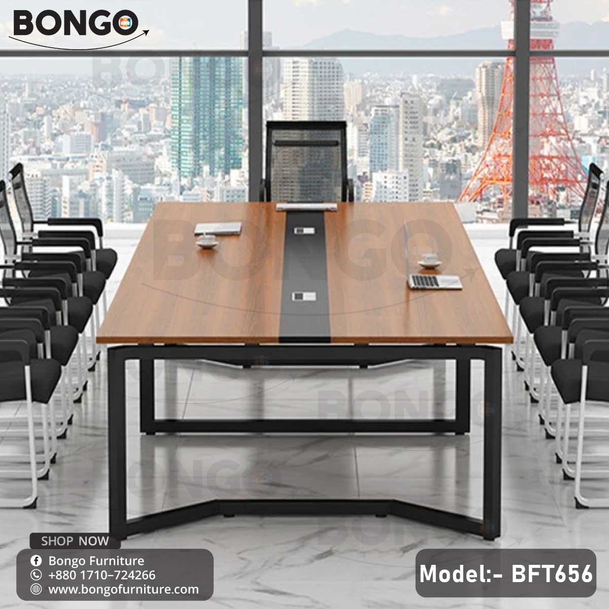 A large, 14-seater modern conference table set from BONGO, viewed from a high angle. The rectangular table has a medium wood-grain top, a black trestle base, and a central cable management system. It is surrounded by fourteen matching conference chairs featuring black mesh backs and chrome cantilever frames. The set is staged with laptops for a meeting.