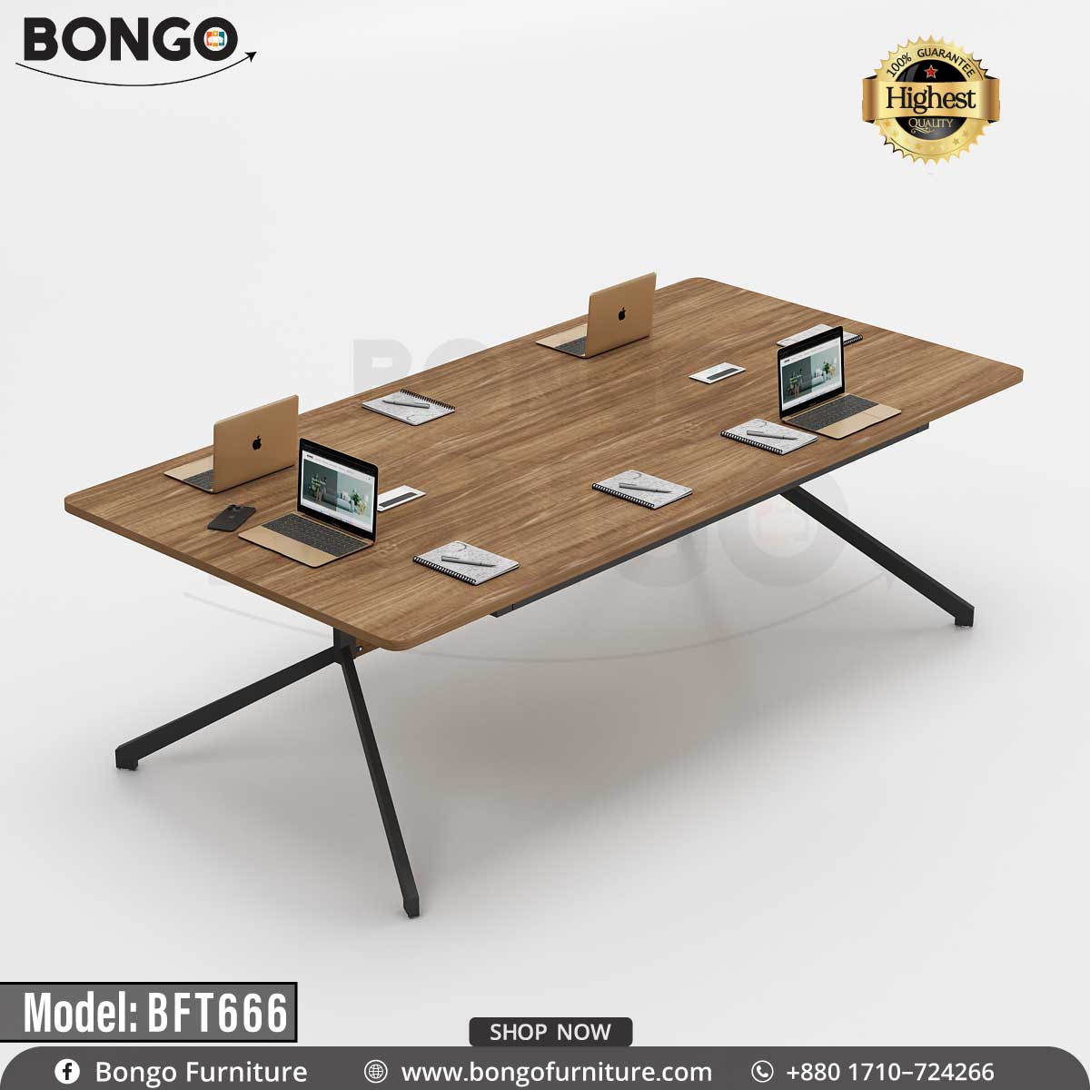 A large, modern rectangular meeting table with a medium Water Resistant Strong Laminated Board top and a black metal base. The table is supported by two architectural, trestle-style legs. It is shown against a plain background and is staged as a co-working space with four laptops and notebooks.