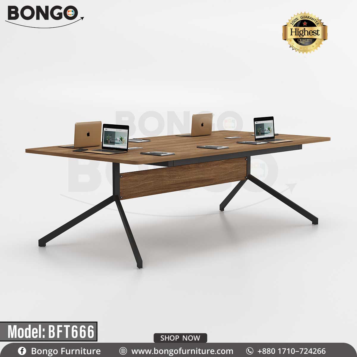 A large, modern rectangular meeting table with a medium Water Resistant Strong Laminated Board top and a black metal base. The table is supported by two architectural, trestle-style legs. It is shown against a plain background and is staged as a co-working space with four laptops and notebooks.