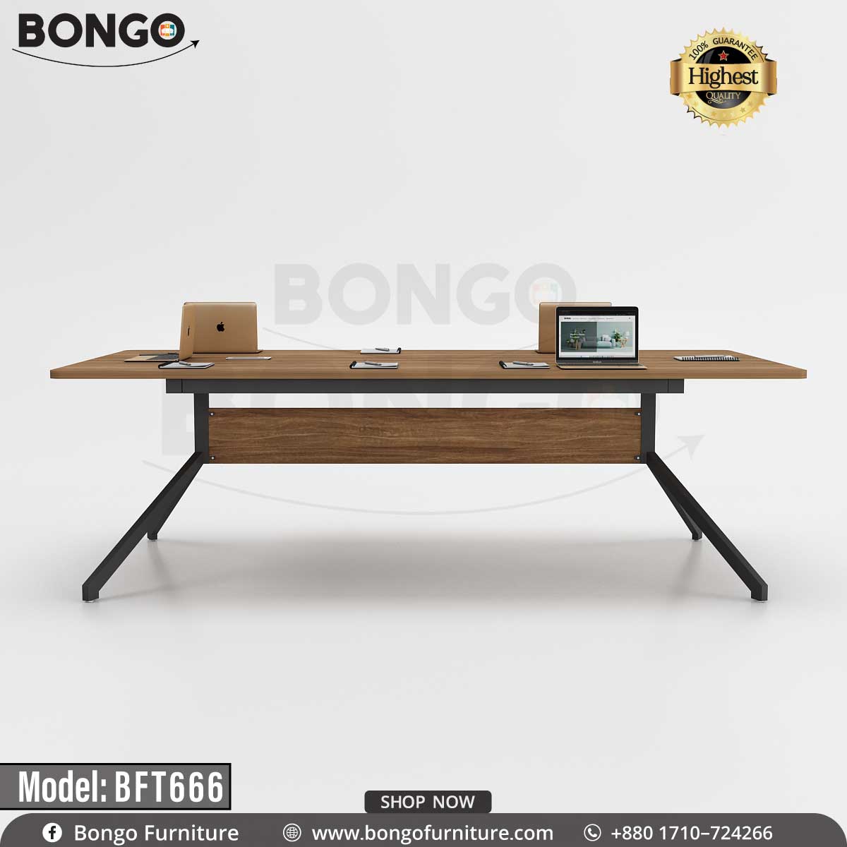 A large, modern rectangular meeting table with a medium Water Resistant Strong Laminated Board top and a black metal base. The table is supported by two architectural, trestle-style legs. It is shown against a plain background and is staged as a co-working space with four laptops and notebooks.