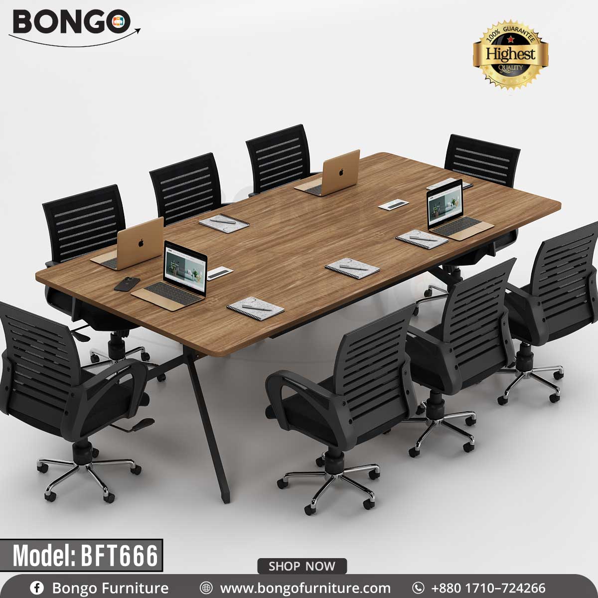 A large, modern rectangular meeting table with a medium Water Resistant Strong Laminated Board top and a black metal base. The table is supported by two architectural, trestle-style legs. It is shown against a plain background and is staged as a co-working space with four laptops and notebooks.