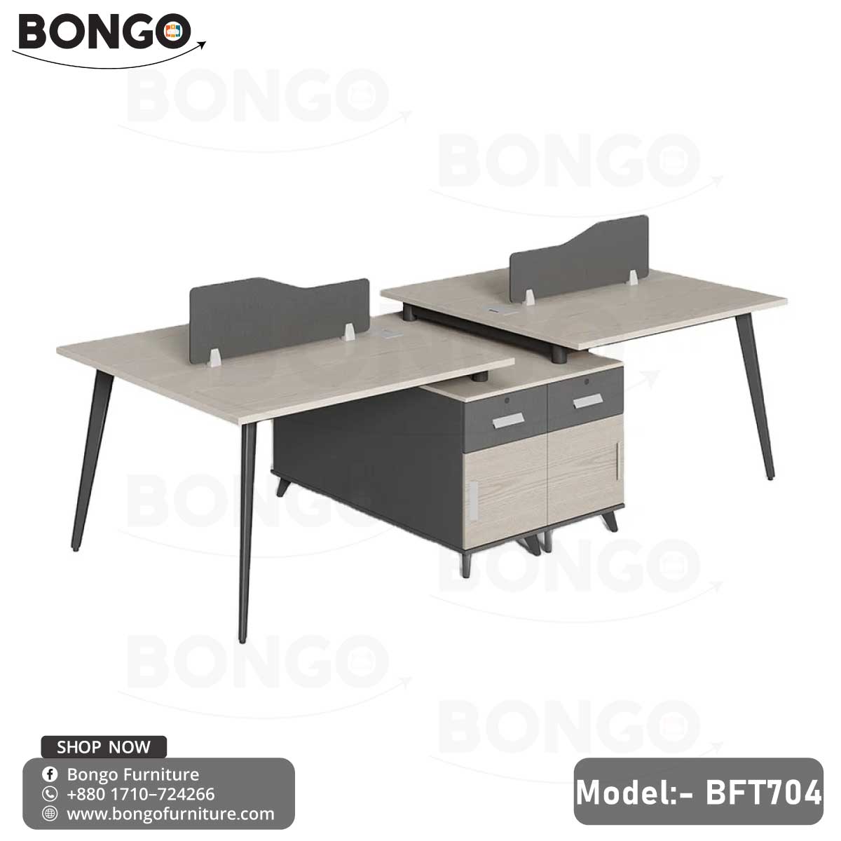 A modern office desk combining a light, ash-gray Water Resistant Strong Laminated Board top with black angled legs. The right side is supported by an attached storage pedestal that features a dark gray frame with a matching wood-grain drawer and cabinet door. A low, gray fabric privacy screen is mounted on the back of the desk.