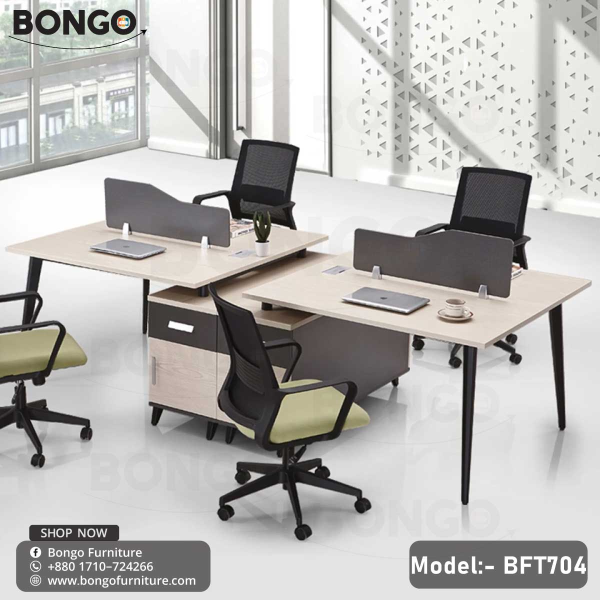 A modern four-person office workstation arranged in a symmetrical pod. The unit features four desks with light Water Resistant Strong Laminated Board tops and angled black legs, a central storage credenza, and four ergonomic chairs with black mesh backs and light green seats. Low gray privacy dividers separate the workspaces.