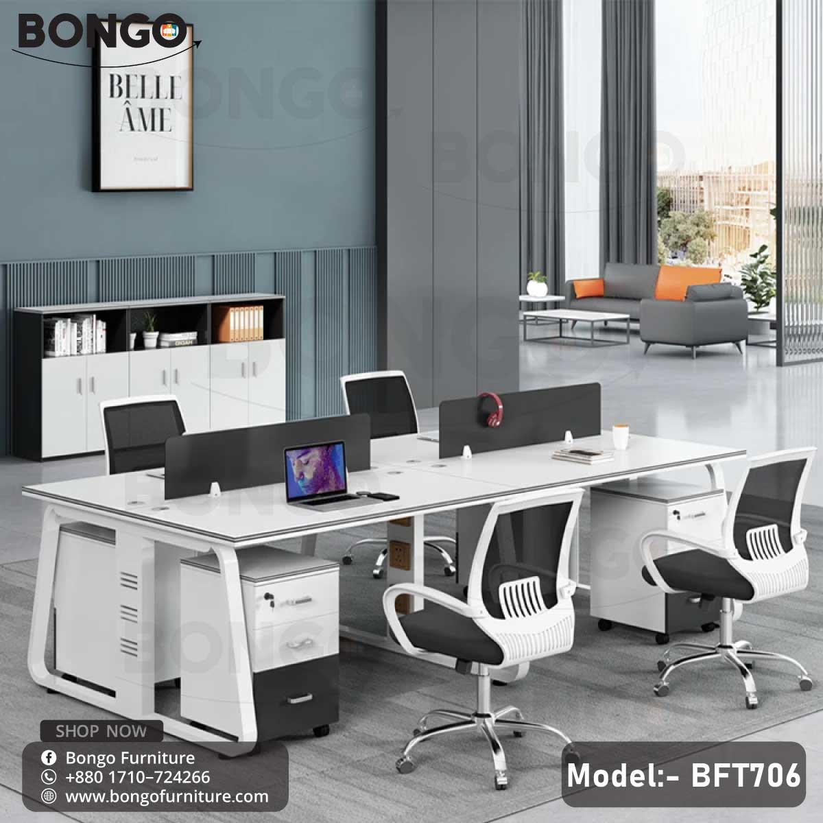 A modern office workstation setup with white desk tops, black frames, and gray partition panels, equipped with office chairs and various personal items like laptops and phones.