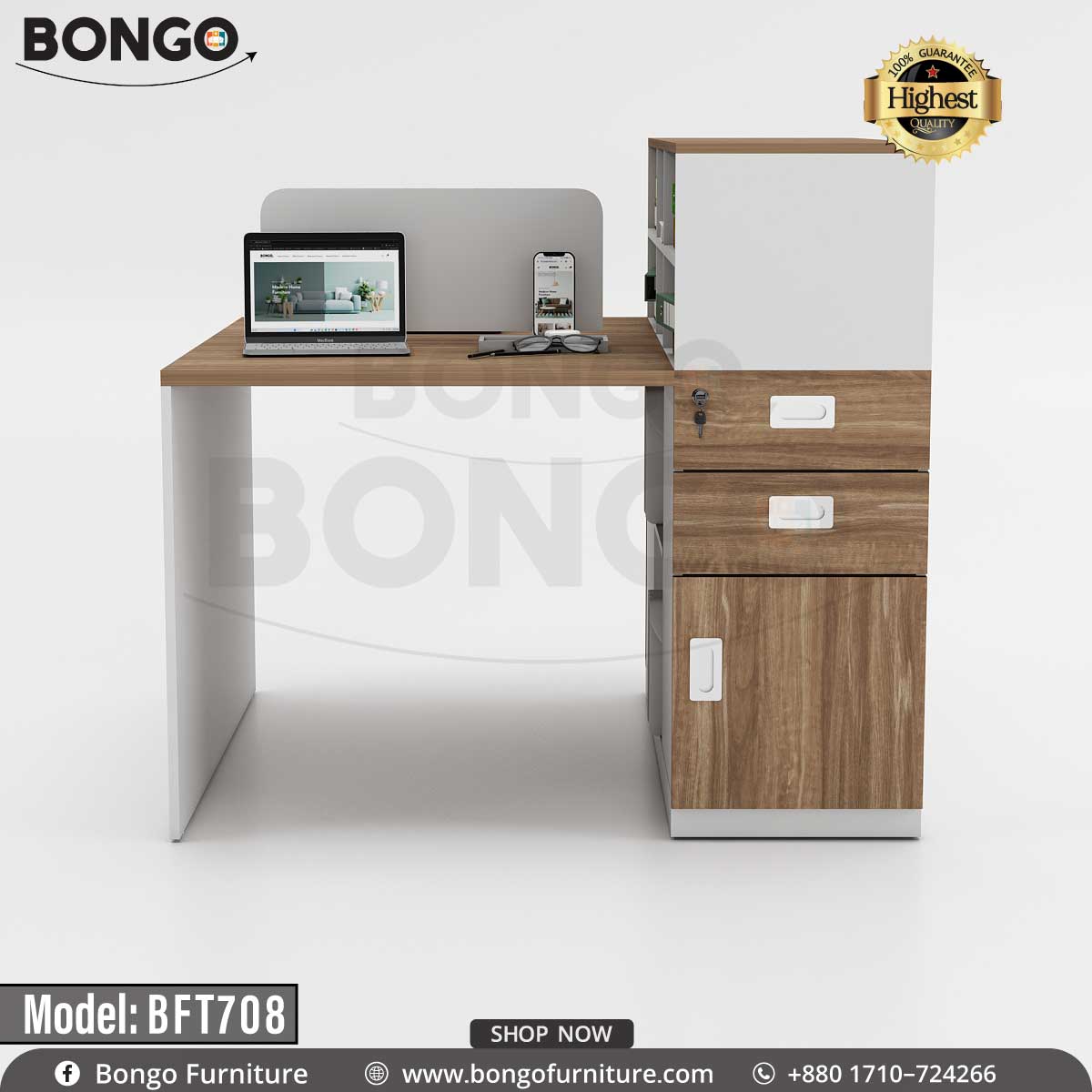 A Bongo Furniture workstation named Jorex, model BFT708, featuring multiple desks with brown tops, black edging, and gray lower sections, equipped with drawers and cable management.