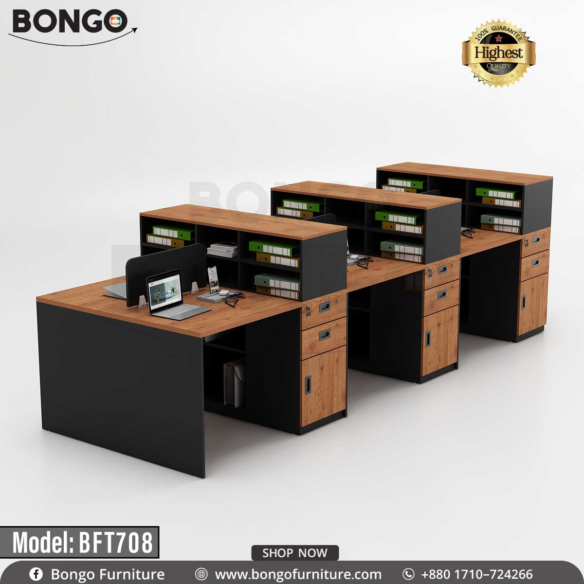 A Bongo Furniture workstation named Jorex, model BFT708, featuring multiple desks with brown tops, black edging, and gray lower sections, equipped with drawers and cable management.