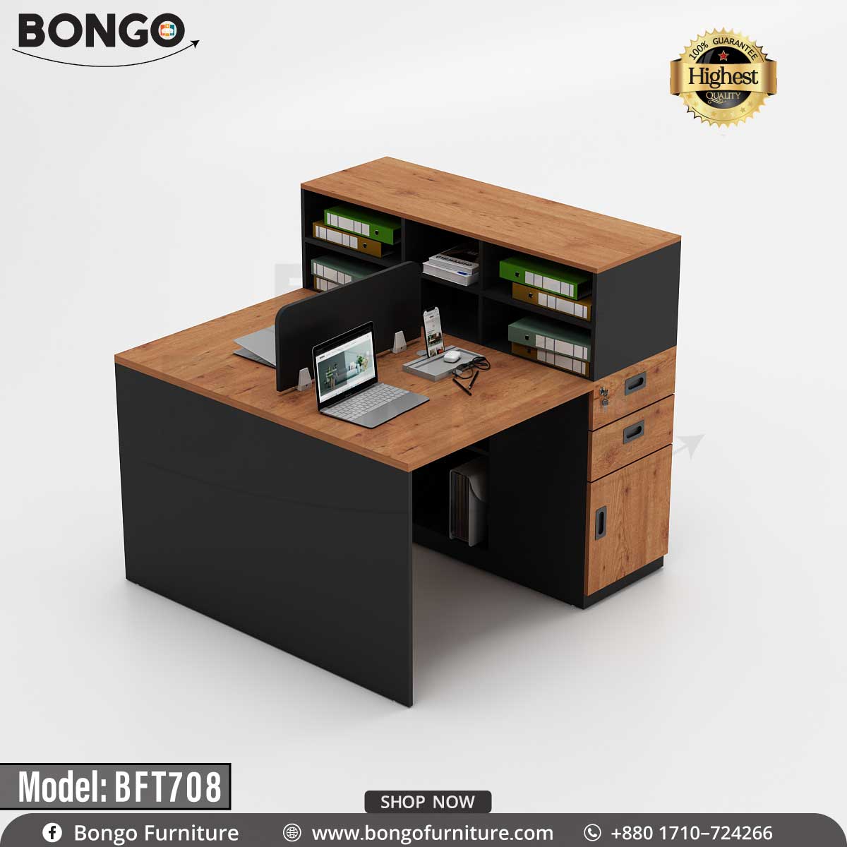 A Bongo Furniture workstation named Jorex, model BFT708, featuring multiple desks with brown tops, black edging, and gray lower sections, equipped with drawers and cable management.