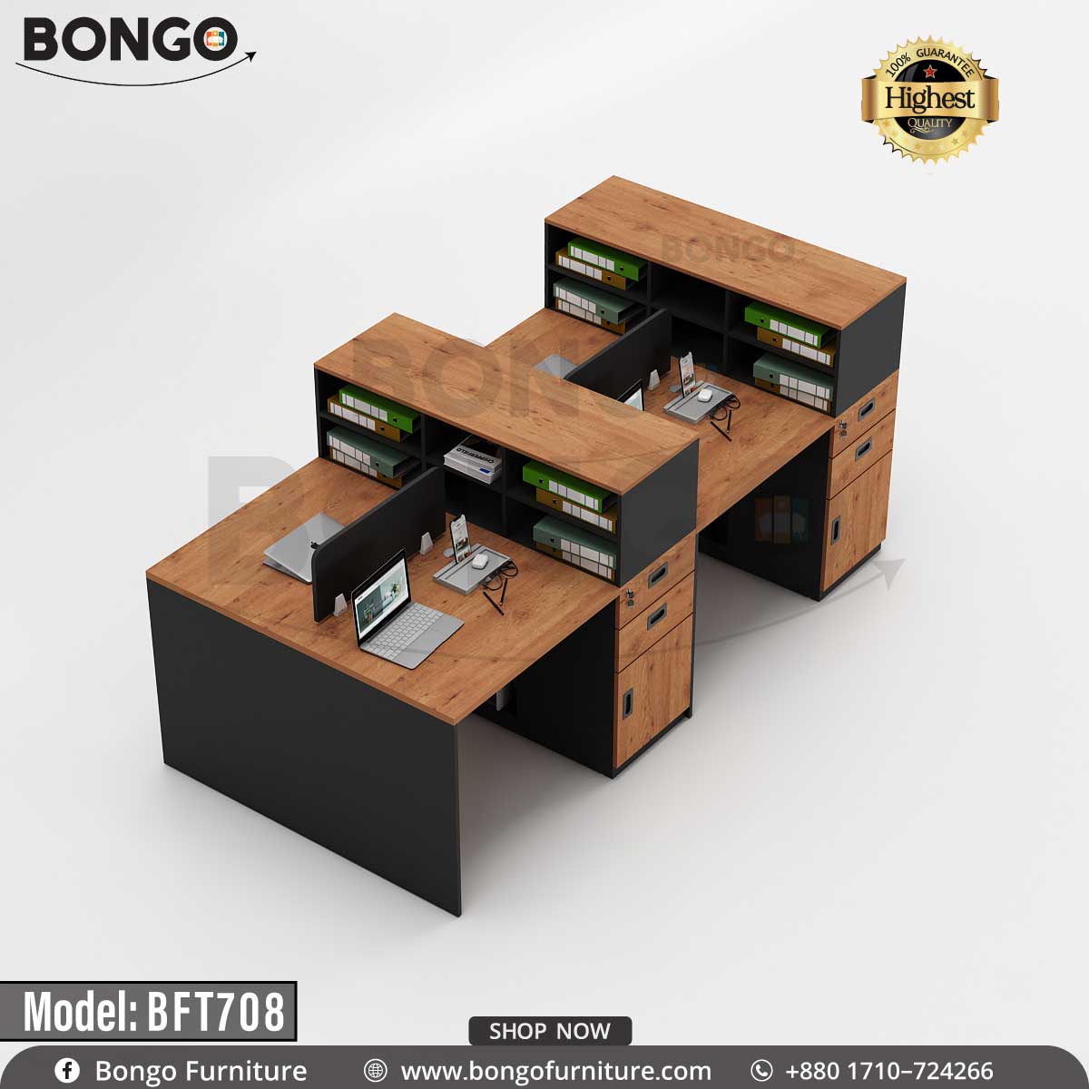 A Bongo Furniture workstation named Jorex, model BFT708, featuring multiple desks with brown tops, black edging, and gray lower sections, equipped with drawers and cable management.