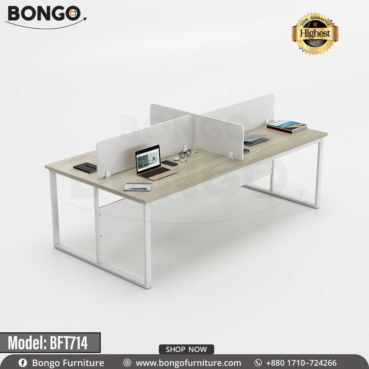 A quadra working table model BFT714 with multiple desks connected by a central metal frame, featuring a wood-finished tabletop and black PVC edging, with office supplies on the desks.
