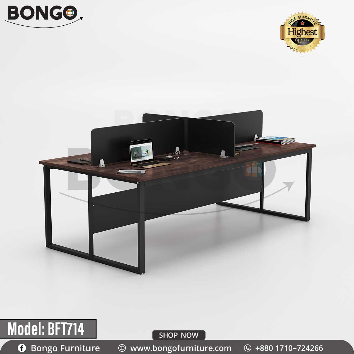 A quadra working table model BFT714 with multiple desks connected by a central metal frame, featuring a wood-finished tabletop and black PVC edging, with office supplies on the desks.