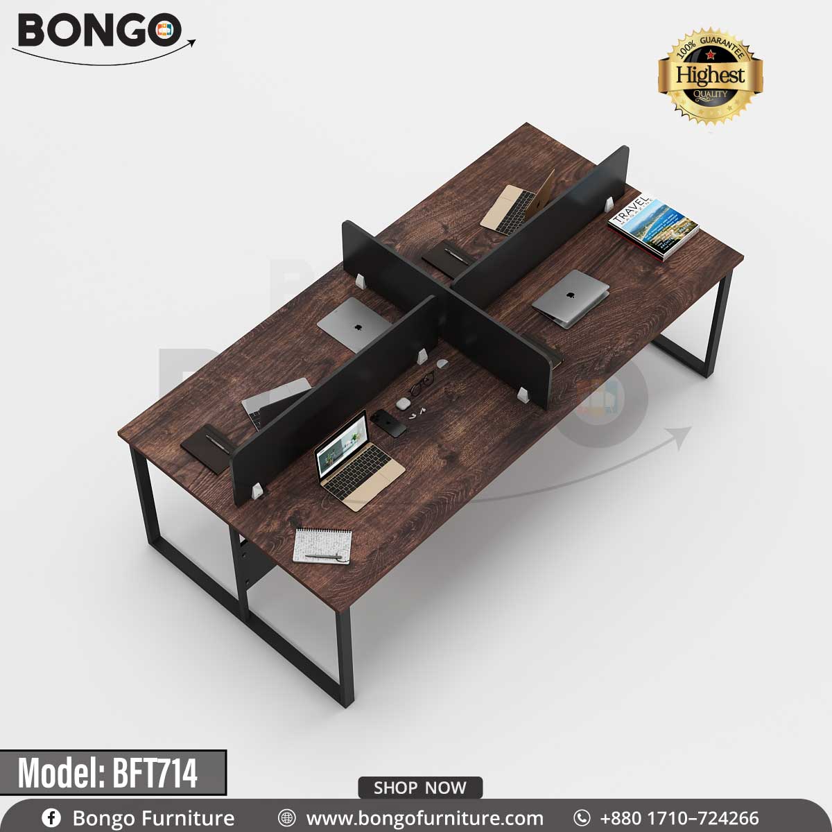 A quadra working table model BFT714 with multiple desks connected by a central metal frame, featuring a wood-finished tabletop and black PVC edging, with office supplies on the desks.