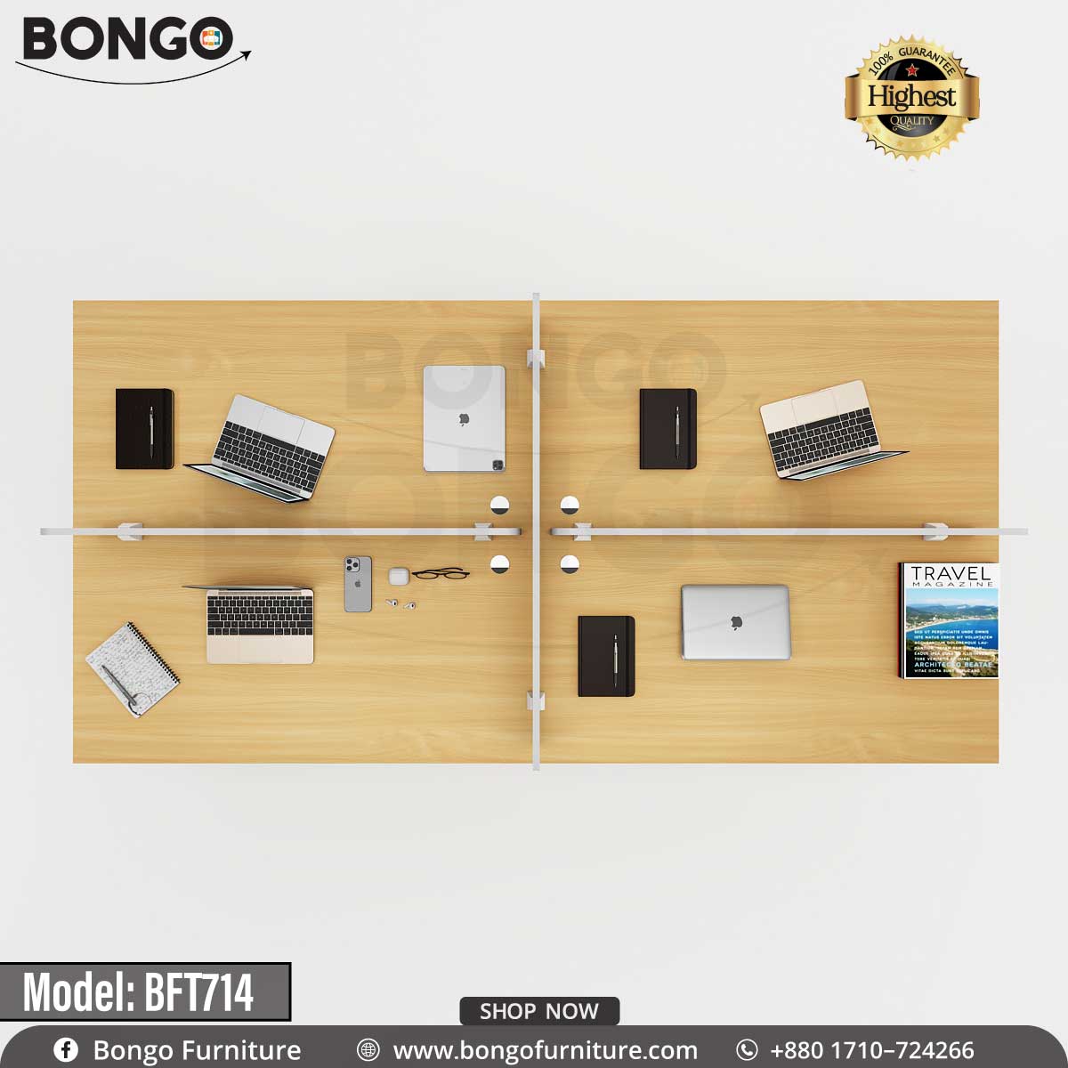 A quadra working table model BFT714 with multiple desks connected by a central metal frame, featuring a wood-finished tabletop and black PVC edging, with office supplies on the desks.