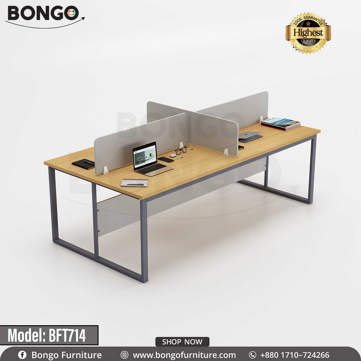 A quadra working table model BFT714 with multiple desks connected by a central metal frame, featuring a wood-finished tabletop and black PVC edging, with office supplies on the desks.