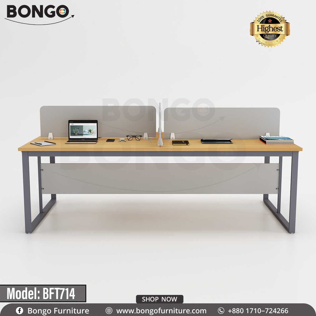 A quadra working table model BFT714 with multiple desks connected by a central metal frame, featuring a wood-finished tabletop and black PVC edging, with office supplies on the desks.