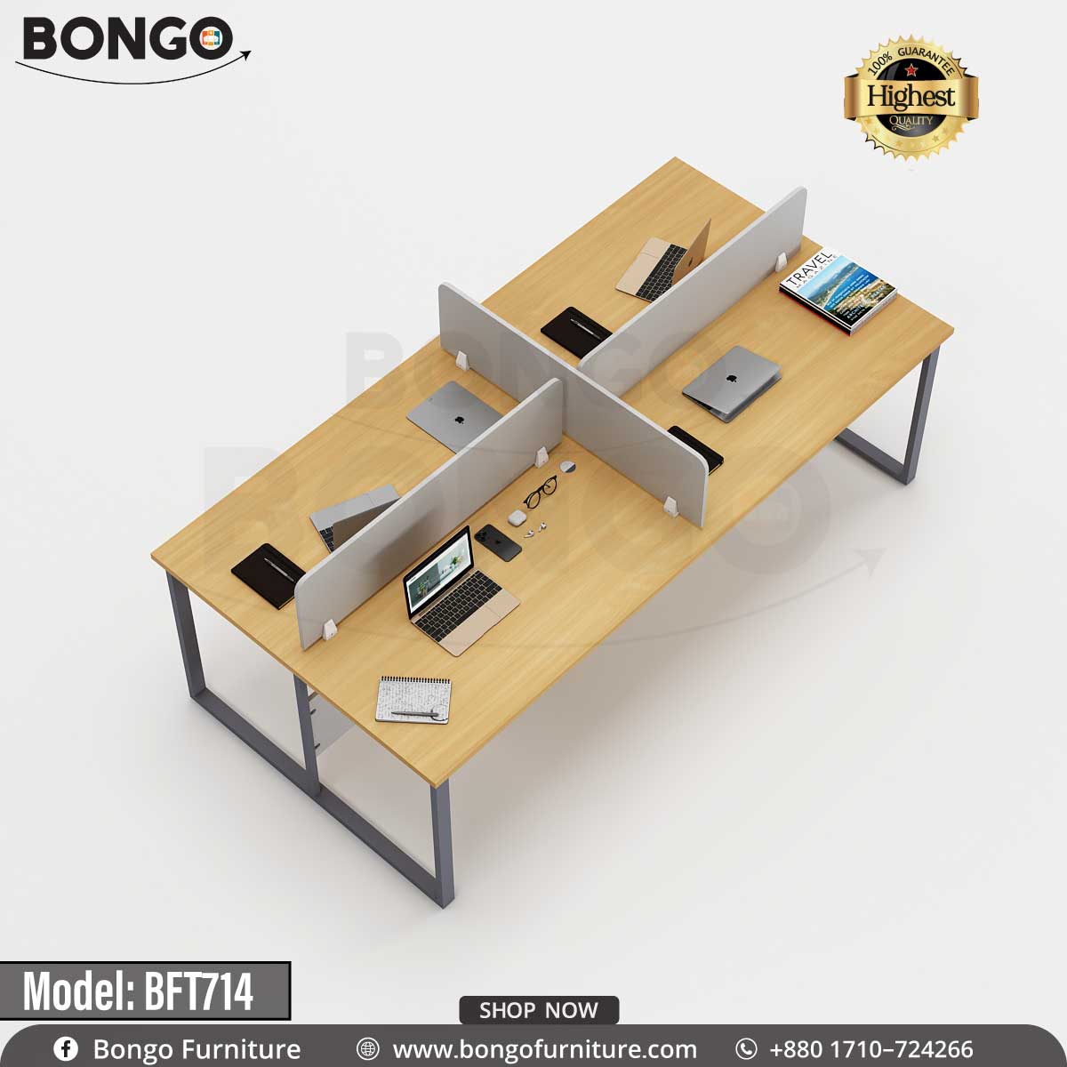 A quadra working table model BFT714 with multiple desks connected by a central metal frame, featuring a wood-finished tabletop and black PVC edging, with office supplies on the desks.