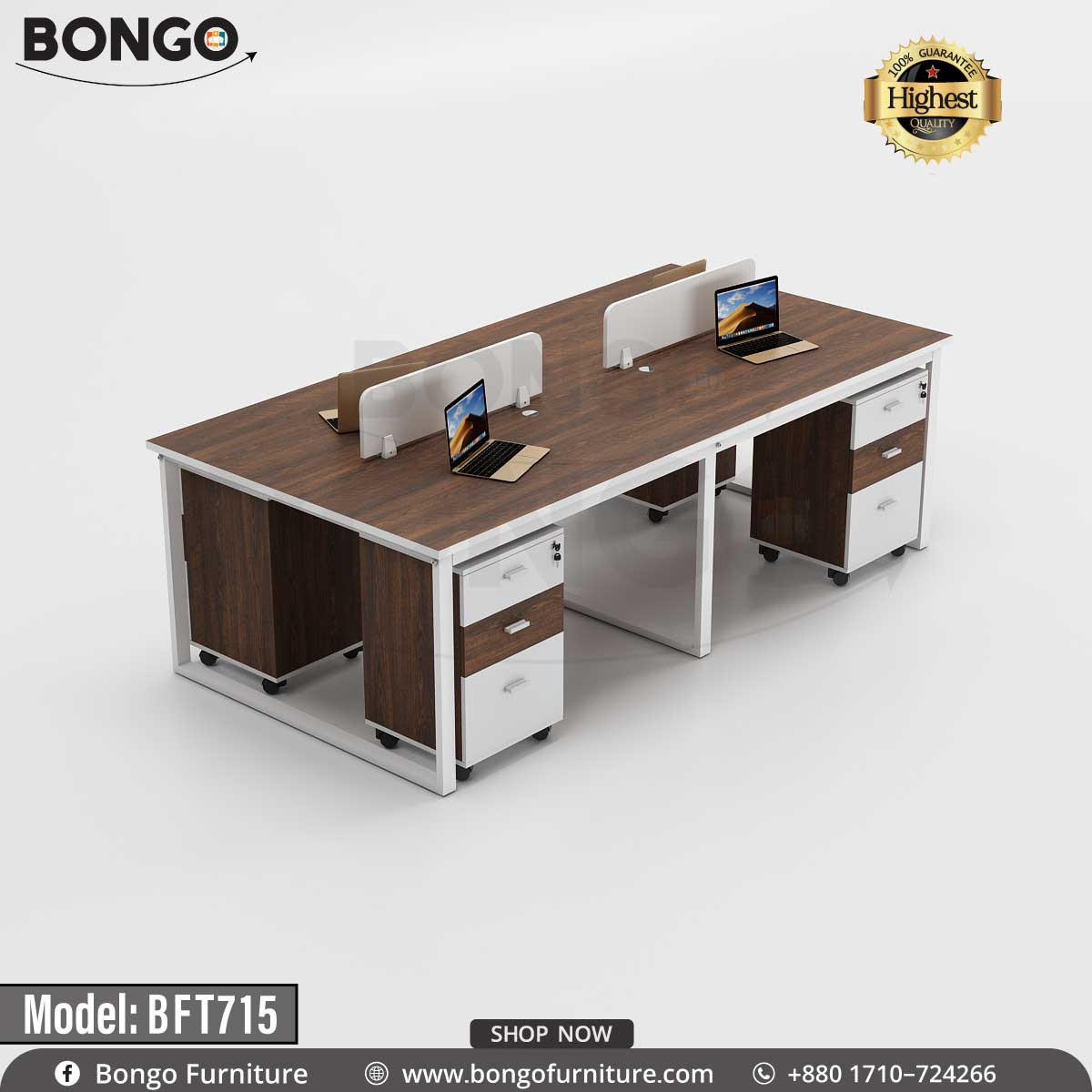A white Bongo brand workstation with brown tabletops and drawers, model BFT715, displayed against a plain background.