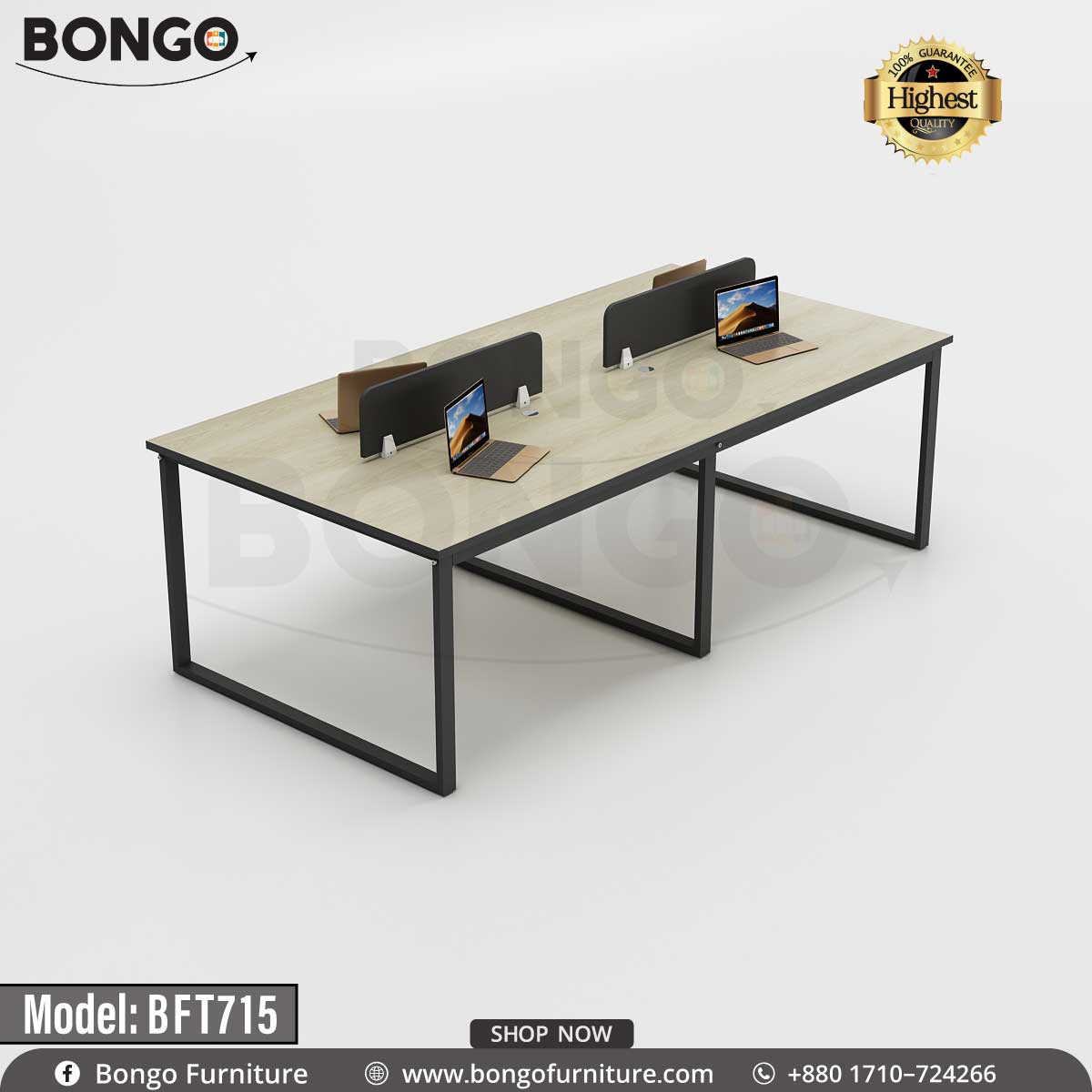 A black Bongo brand workstation with Albino table tops and drawers, model BFT715, displayed against a plain background.