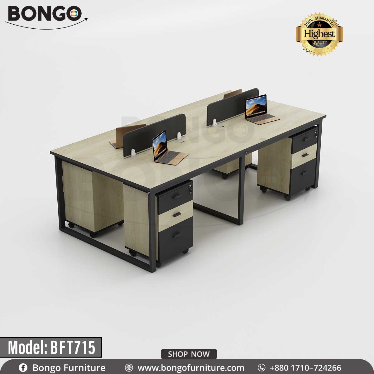 A black Bongo brand workstation with Albino table tops and drawers, model BFT715, displayed against a plain background.