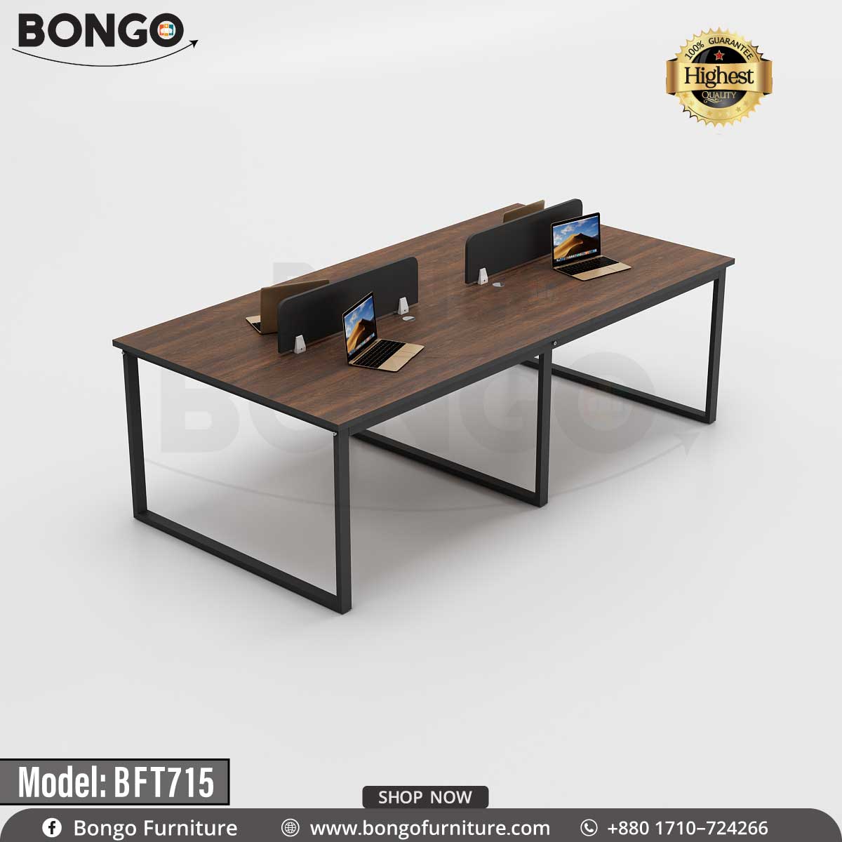 A Antic Bongo brand workstation with Black table tops and drawers, model BFT715, displayed against a plain background.