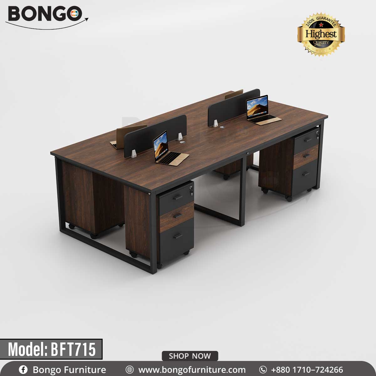 A Antic Bongo brand workstation with Black table tops and drawers, model BFT715, displayed against a plain background.