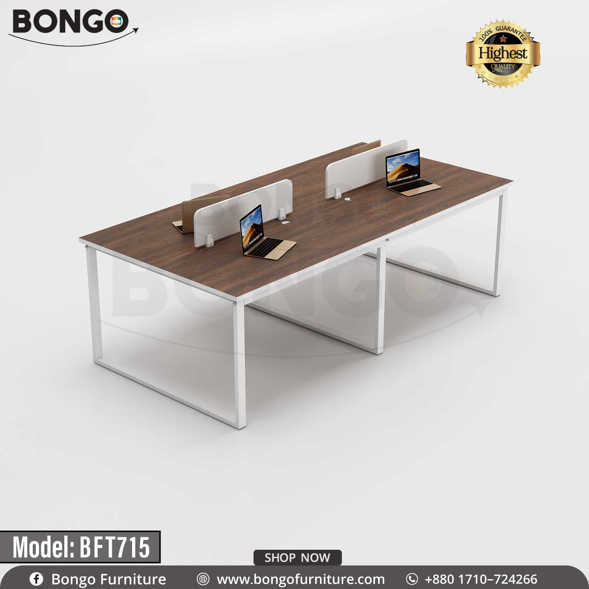A white Bongo brand workstation with albino tabletops and drawers, model BFT715, displayed against a plain background.