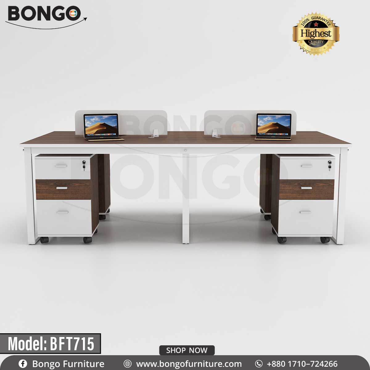 A white Bongo brand workstation with brown tabletops and drawers, model BFT715, displayed against a plain background.
