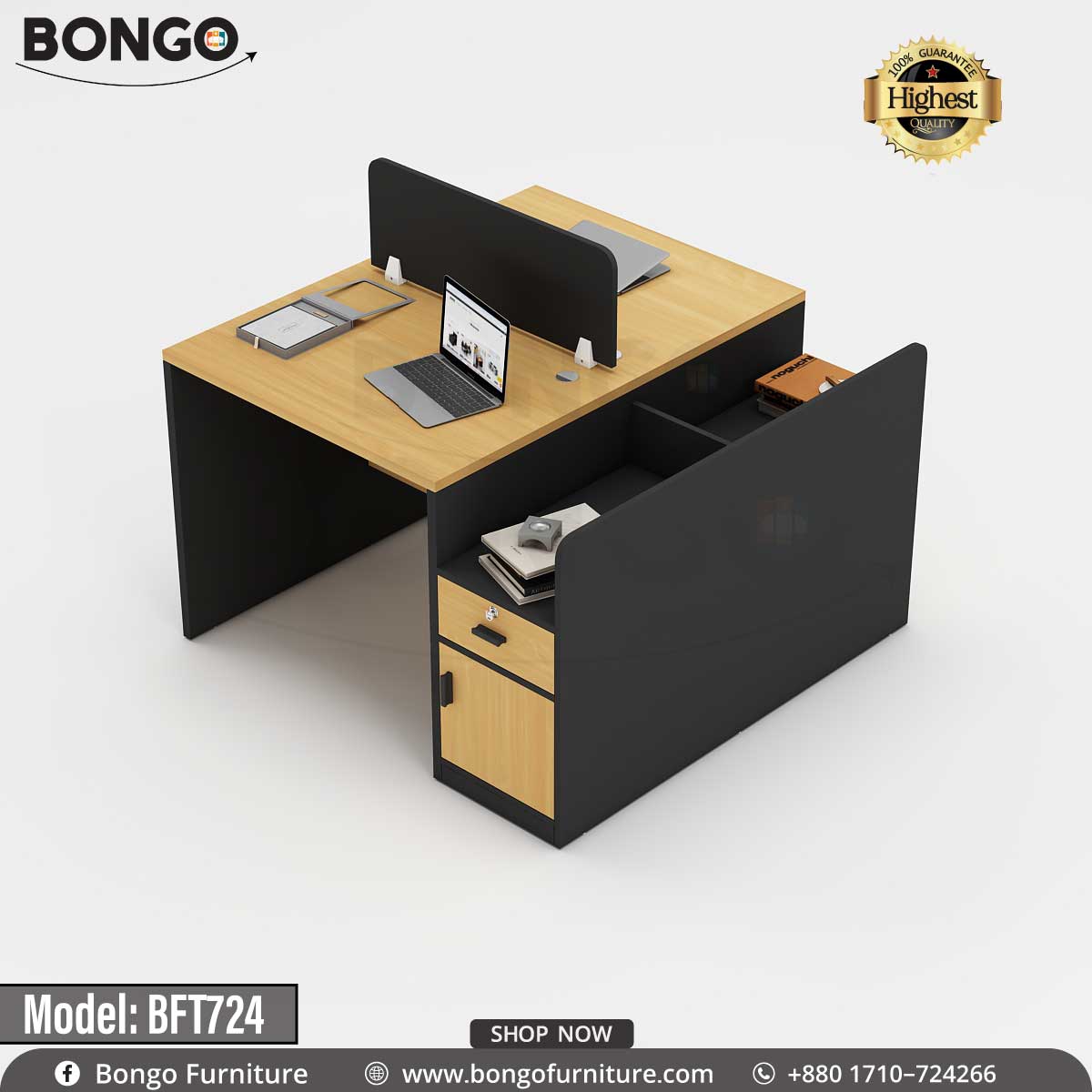 A modern two-person workstation with dark Water Resistant Strong Laminated Board desktops and a light gray frame. The back-to-back design features a central storage spine and an attached side unit with a lockable drawer and cabinet. A low, light gray privacy screen separates the two work areas, which are staged with a laptop and office supplies.