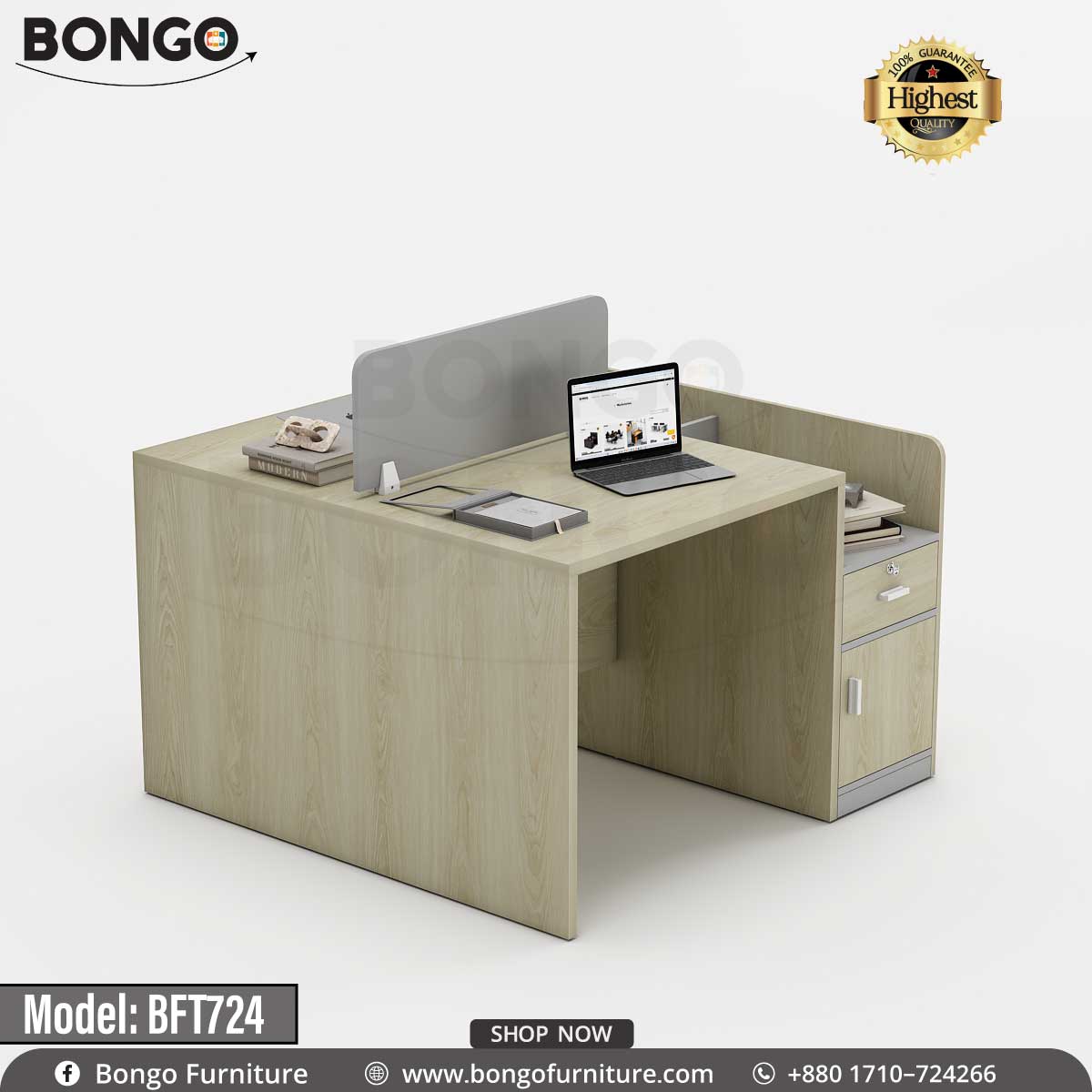 A modern, compact office desk made of a light ash-gray Water Resistant Strong Laminated Board material. On the right, an attached storage pedestal features an open caddy, a lockable drawer, and a cabinet door. A low, light gray privacy screen is mounted to the back of the desk, which is staged with a laptop.