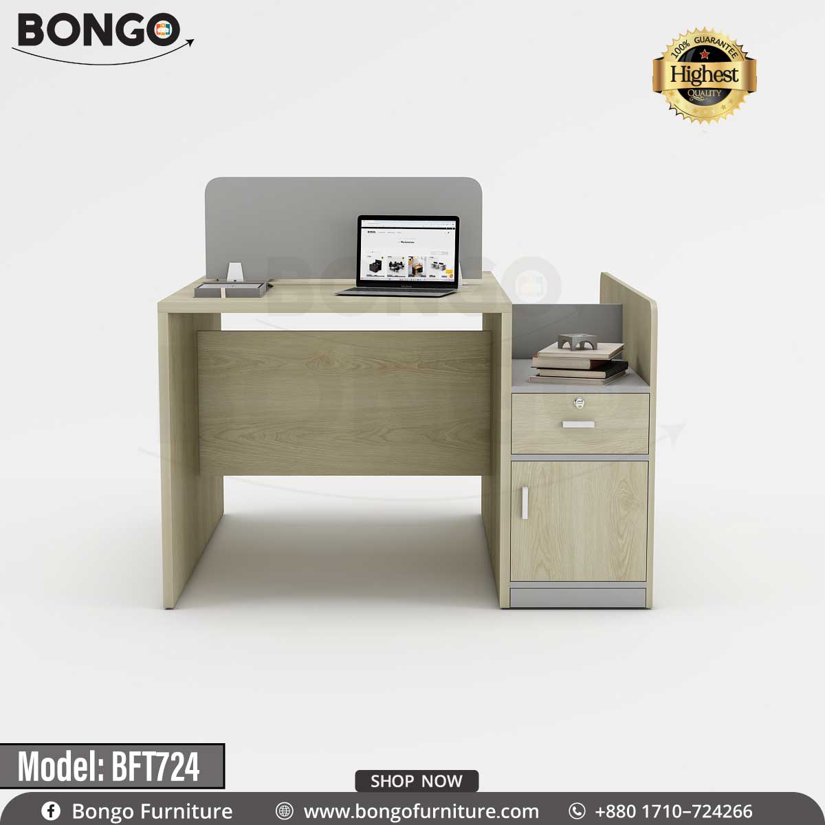 A modern, compact office desk made of a light ash-gray Water Resistant Strong Laminated Board material. On the right, an attached storage pedestal features an open caddy, a lockable drawer, and a cabinet door. A low, light gray privacy screen is mounted to the back of the desk, which is staged with a laptop.